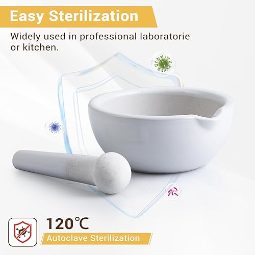 Miniatura 3 de 4E's USA Juego de mortero y mortero - Molinillo de hierbas de porcelana de 6.3 pulgadas para cocina o laboratorio, superficie de molienda sin