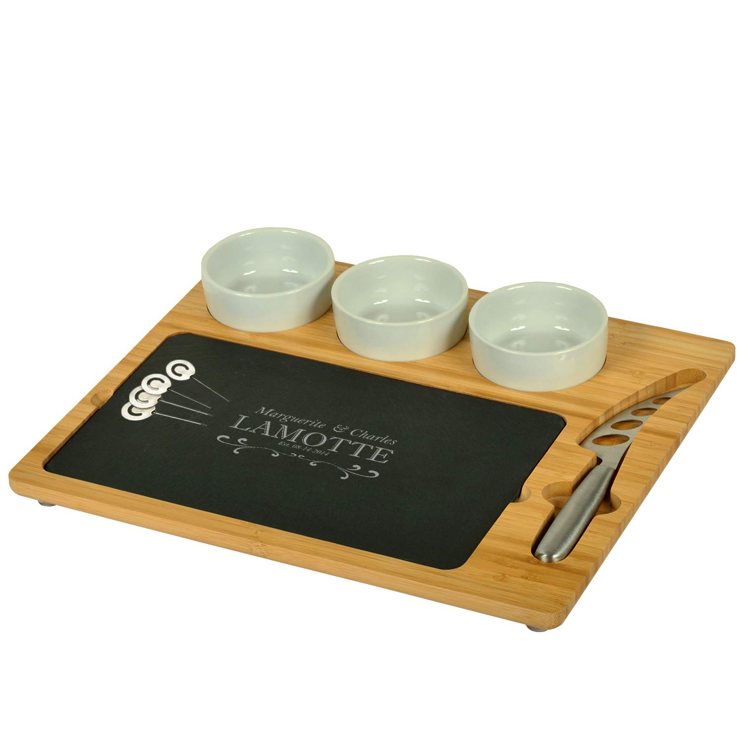 Picnic at Ascot Custom Personalized Engraved Bamboo & Slate Cheese/Charcuterie Board - Includes 3 Ceramic Bowls & Cheese Knife- Patent Pending USA