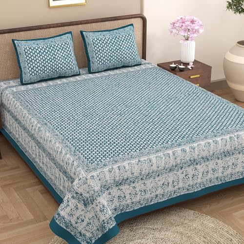 Image of Opulent Collection Double Bedsheet with 2 Pillow Cover | 100% Cotton Bedsheets for Double Bed | Handloom Bedsheet | Size 86x90 inches | King Size (90X102 Inches) (Dark Green Blue, King)