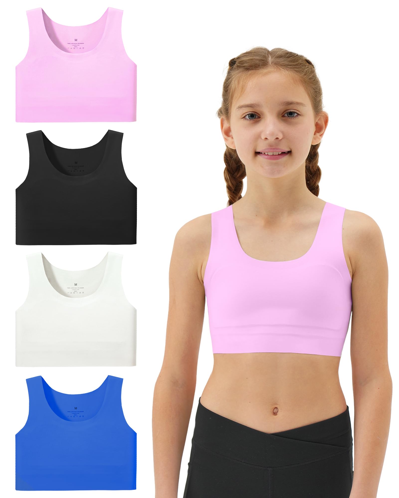 Girls Soft Training Bras 7-12 Seamless First Bra Girls Sports Bras Longline Crop - No Pads, Chest Double Lined