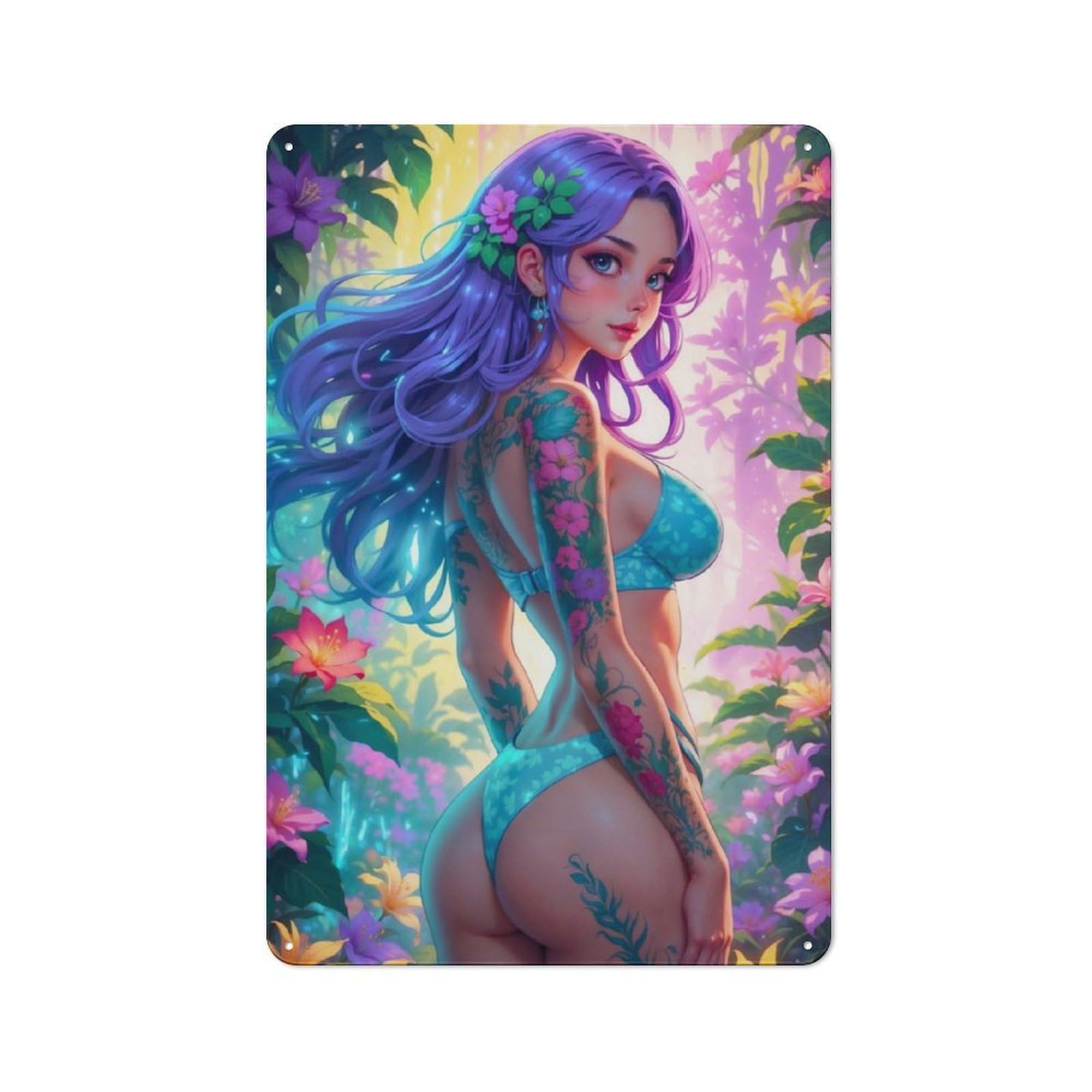 Junmoney Girls Sexy Anime Tattoo Tin Wall Plaque 30X20cm With For Studio Or Craft Room, For Cooler-Season Styling In Studio And Craft Room