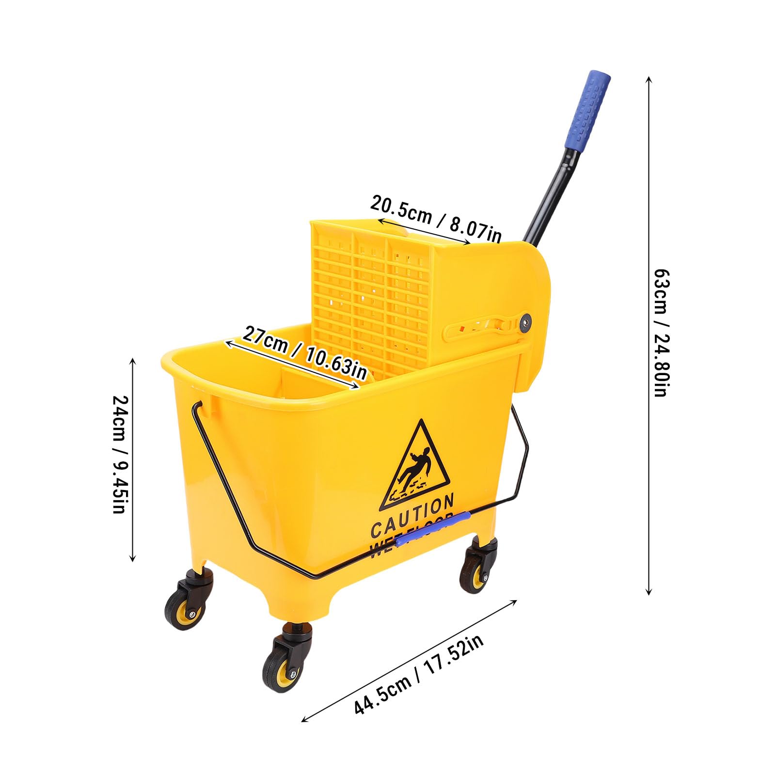 Cubo para fregona con escurridor, Cubo para fregona Comercial de 20 litros con escurridor Lateral, Ruedas y Mango para Limpieza de Suelos