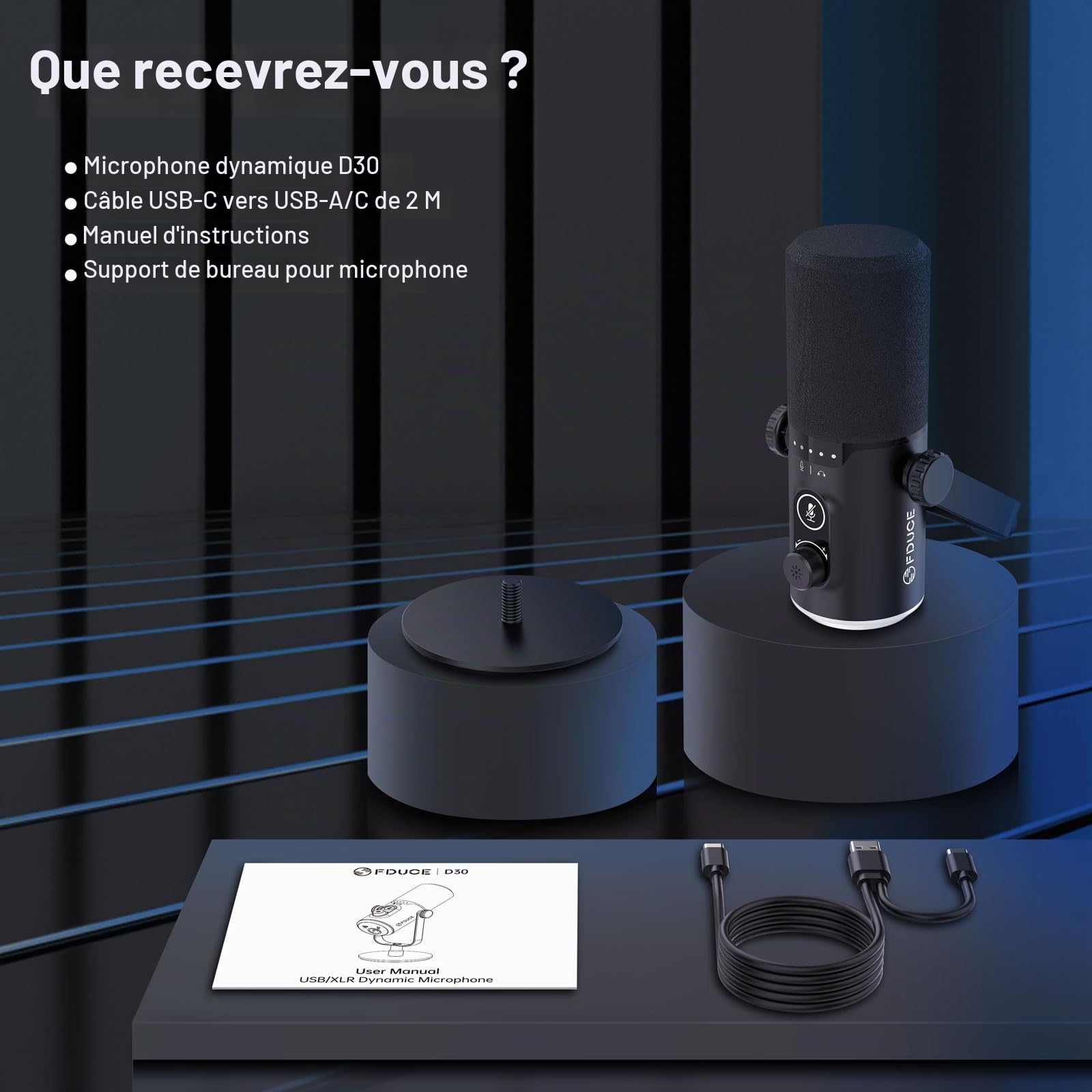 FDUCE Microphone de jeu USB/XLR avec support de bureau, microphone dynamique vocal pour jeu et podcast, avec éclairage RVB, bouton muet et bouton de gain, prise casque (D30)