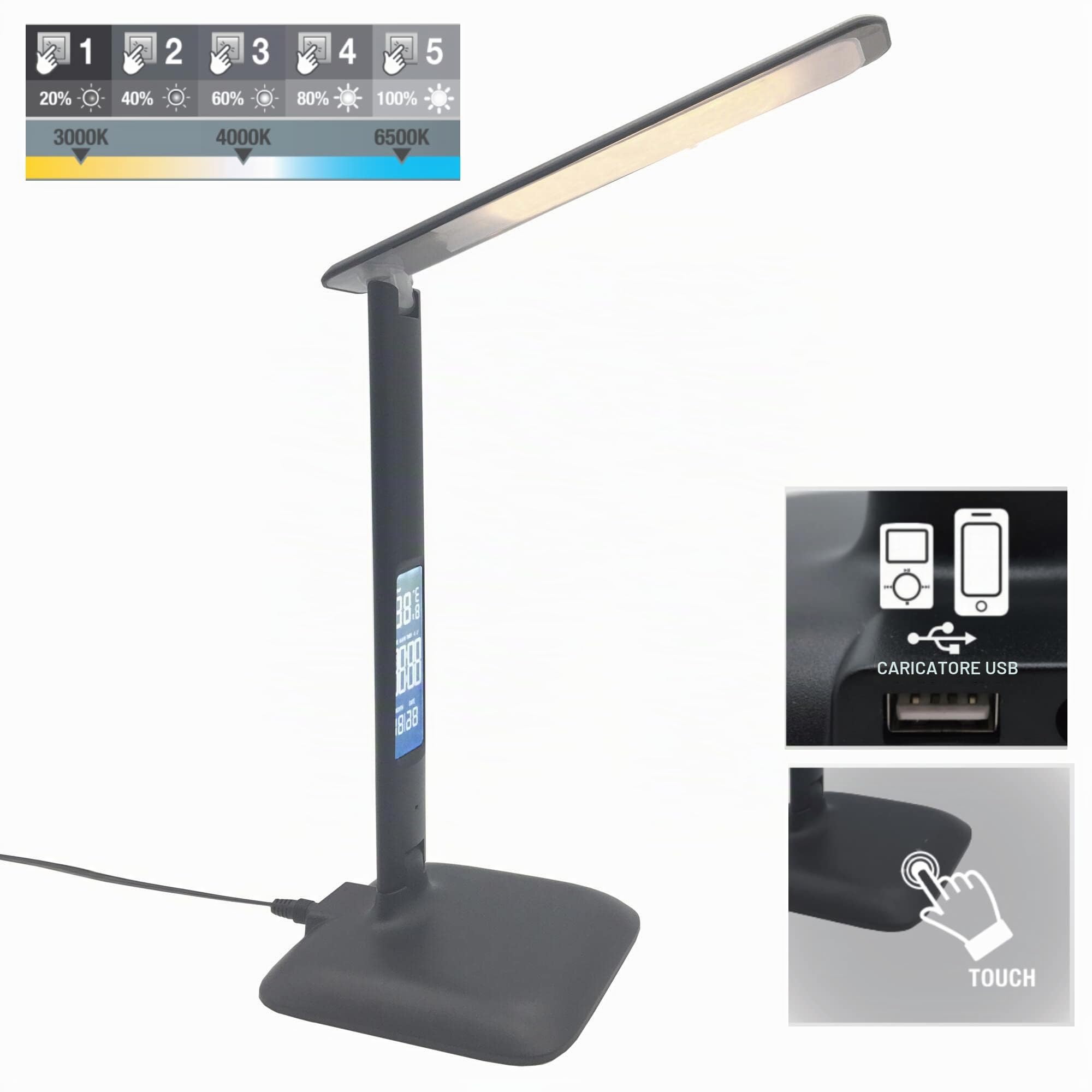 INSPIRE - Lampada da scrivania ALEX - Lampada moderna - 3000 K/6500 K - 820 LM - 240 V - Touch - Plastica - Nero