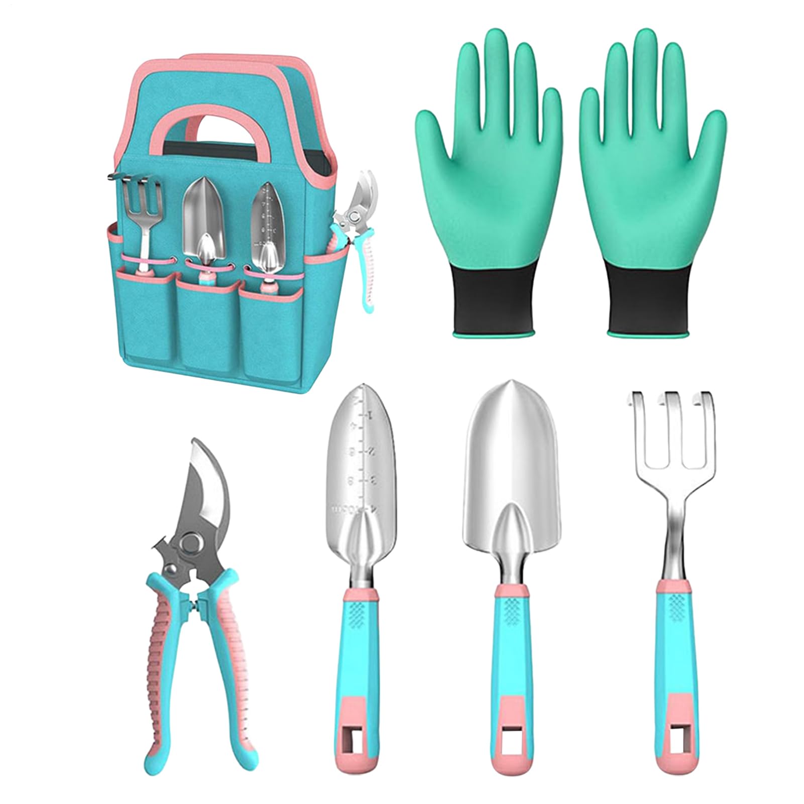 Kit de Jardinería Incluye Palita Rastrillo Tijeras Y Guantes | Herramientas de Mano con Bolsa de Transporte para Jardín Terraza Balcón Césped Exterior e Interior