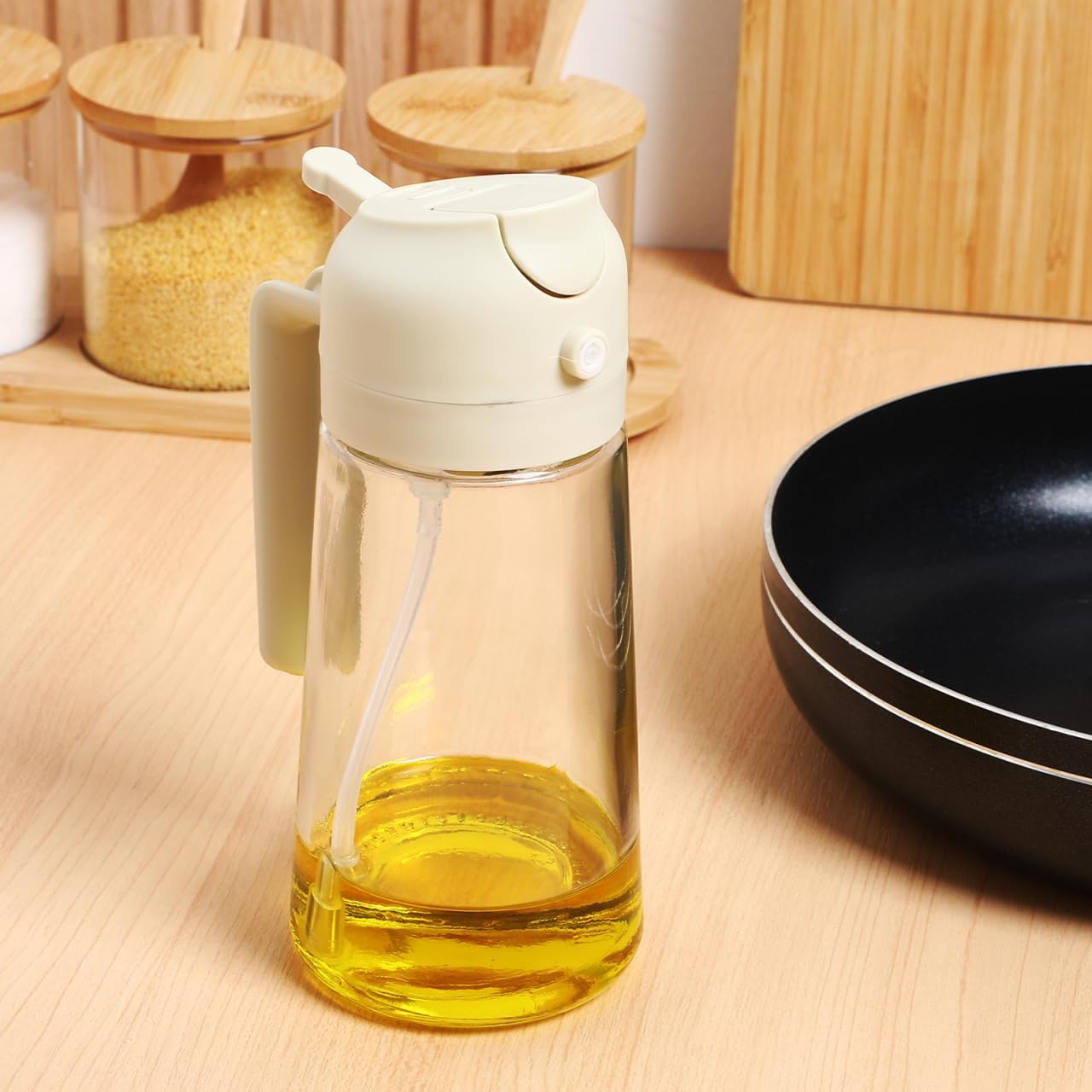 2-in-1 Oil Sprayer and Dispenser Bottle 15.8Oz Glass Container with Adjustable Nozzle and Handle for Precise Cooking Oil Pouring and Mist Spraying