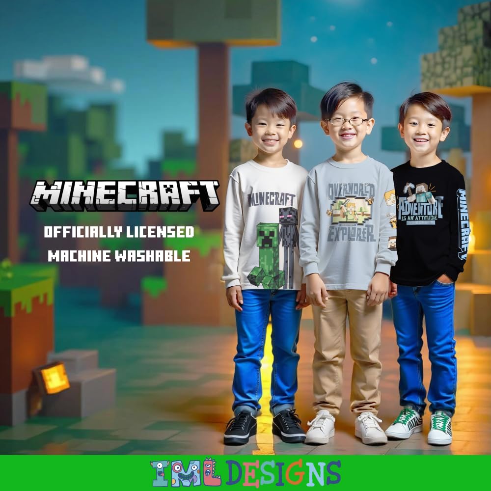 Minecraft Confezione da 3 magliette da ragazzo, a maniche lunghe, stampa grafica, in morbido cotone, magliette da gioco per bambini