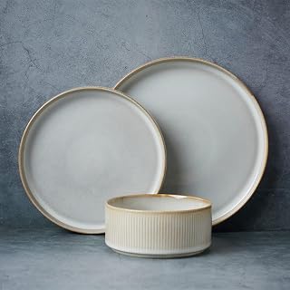 Famiware Star 12-Piece Dinnerware Set for 4 - Ribbed Plates & Bowls, Chip/Scratch Resistant, Microwave/Dishwasher Safe, Cappuccino White