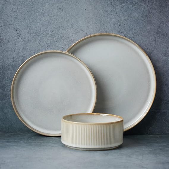 Famiware Star Dinnerware Sets, Plates and Bowls Set for 4, 12 Piece Dish Set, Ribbed, Cappuccino White