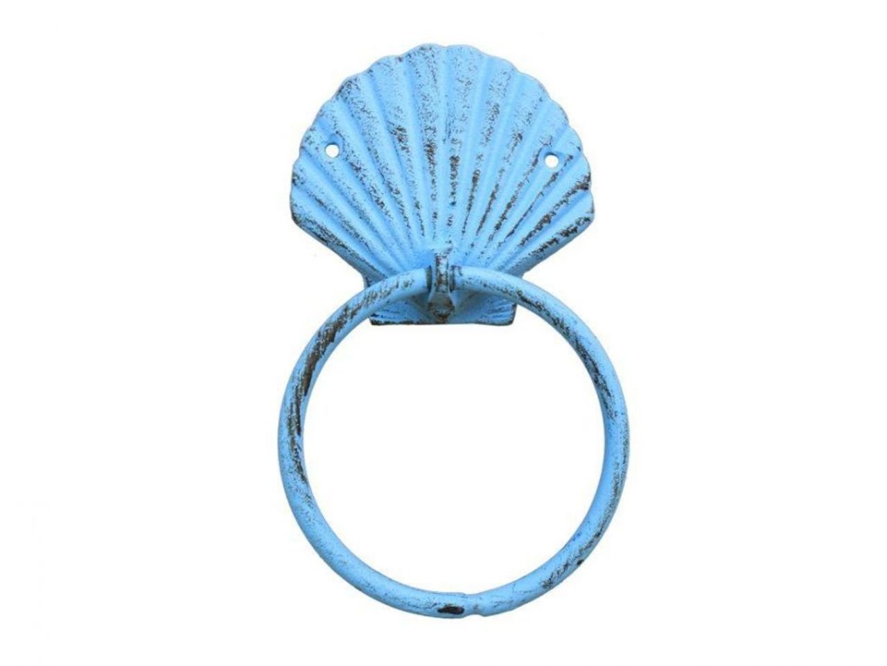 Hampton Nautical Rustic Seashell Towel Holder Decoration-Antique Vintage Cast Iron, Solid Light Blue, 2" L x 5" W x 8.5" H
