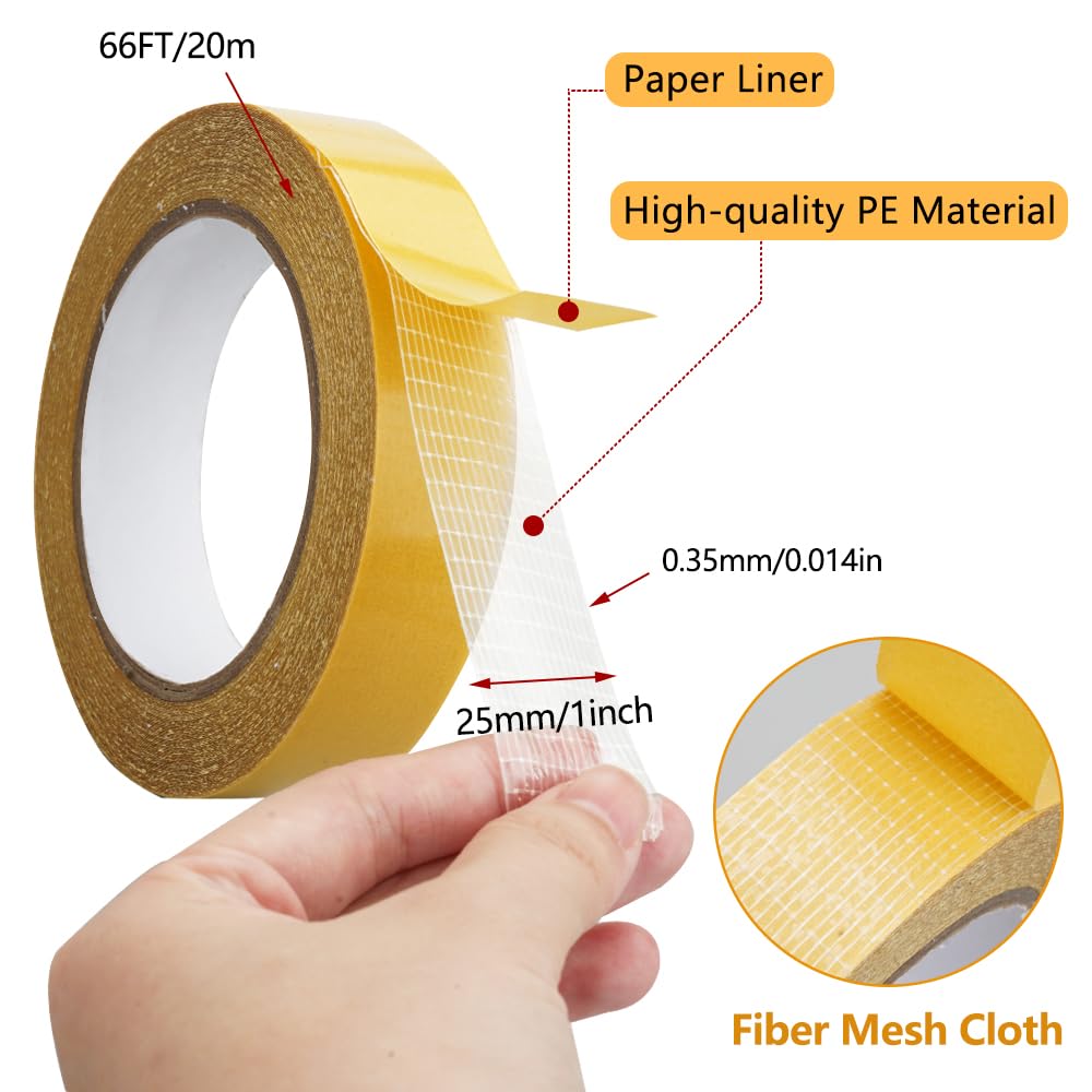 Nastro Biadesivo per Tappeti, 20 m x 25 mm Biadesivo per Muro per Moquette Extra Forte, Nastro Biadesivo Indicato per Tappeti Senza Residui, Nastro Biadesivo in Tessuto per La Posa di Moquette