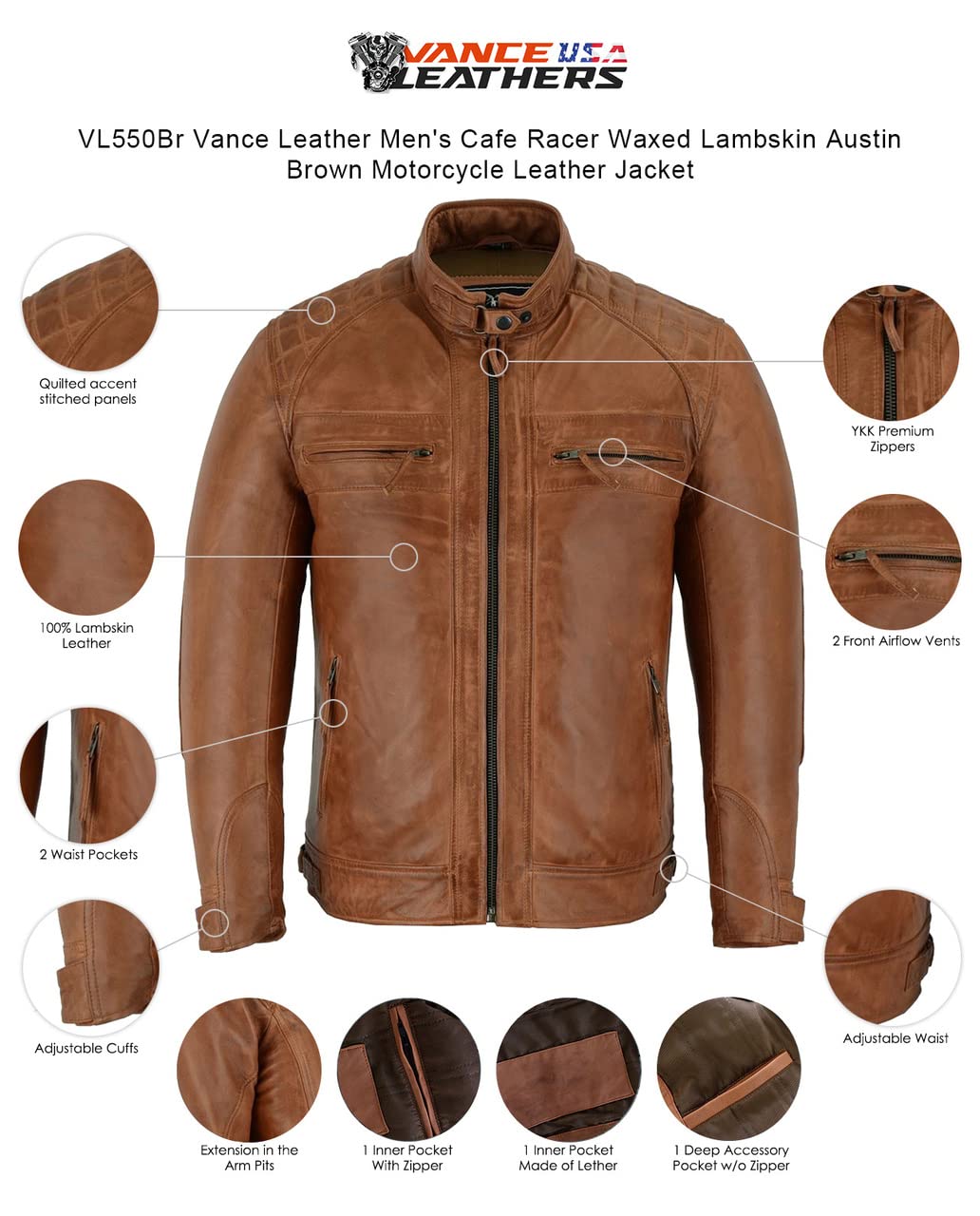 Vance Leather Mens Cafe Racer Waxed Lambskin Austin Brown Motorcycle Leather Jacket — view 8