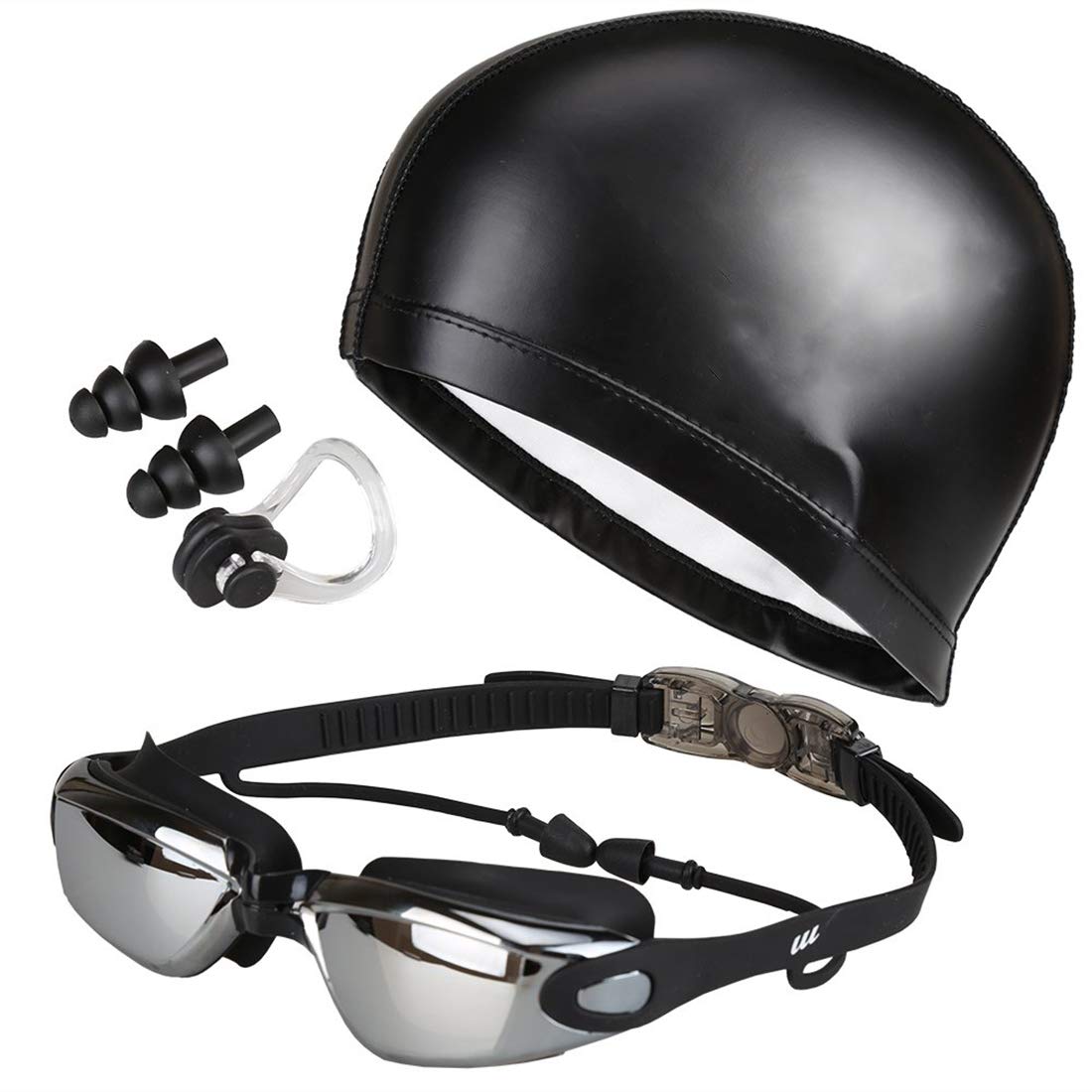 YOMYM Swimming Goggles with Connected Ear Plugs, Waterproof Silicone Swimming Cap, Nose Clip and Free Protection Case, Anti Fog No Leaking UV Protection, Swim Goggles, Adult Men Women