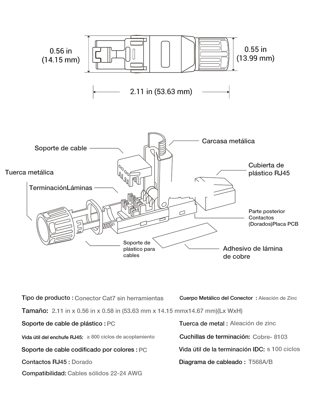 Blindado RJ45 Conector CAT 7 sin Herramienta, 10Gbps/600MHz, Dorado Conectores RJ45 POE Para cables de instalación Cat7 Cat6A, Conector LAN Cat7 sin Herramienta, reutilizable, 2 Unidades