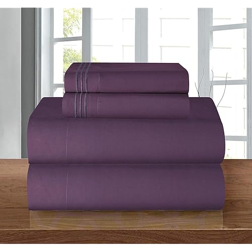 Elegant Comfort Luxury 1500 Premium Hotel Quality Microfiber 4-Piece Sheet Set - Wrinkle Resistant, All Around Elastic Fitted Sheet, Deep Pocket up to 16", Queen, Purple