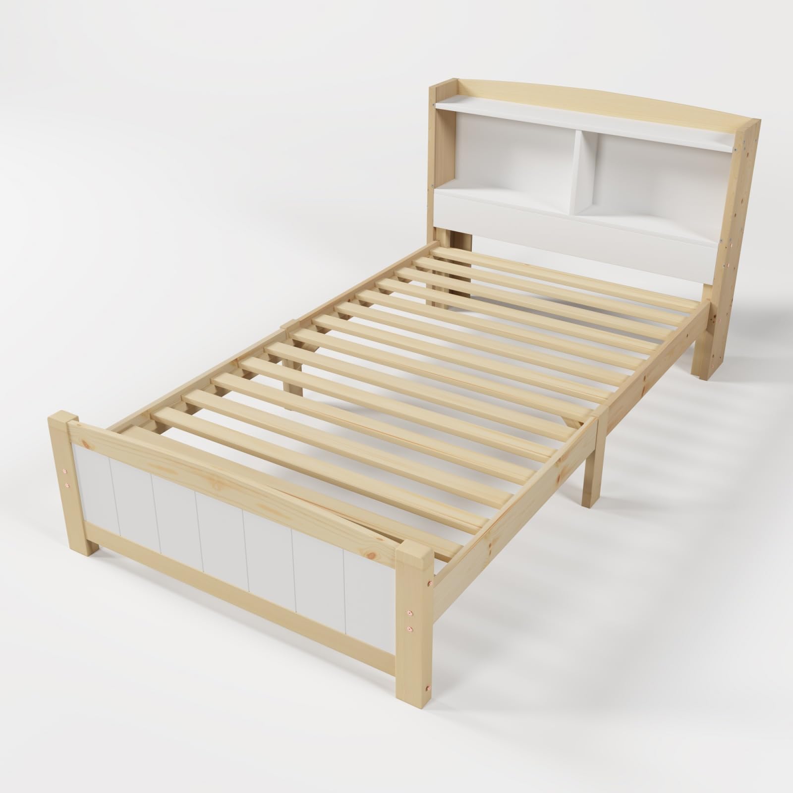 KOMHTOM Simple Lit en Bois avec Tête de lit de Rangement Cadre de lit Plateforme avec Sommier à Lattes pour Enfant, Adolescents(sans Matelas) (A, 90x200 cm)