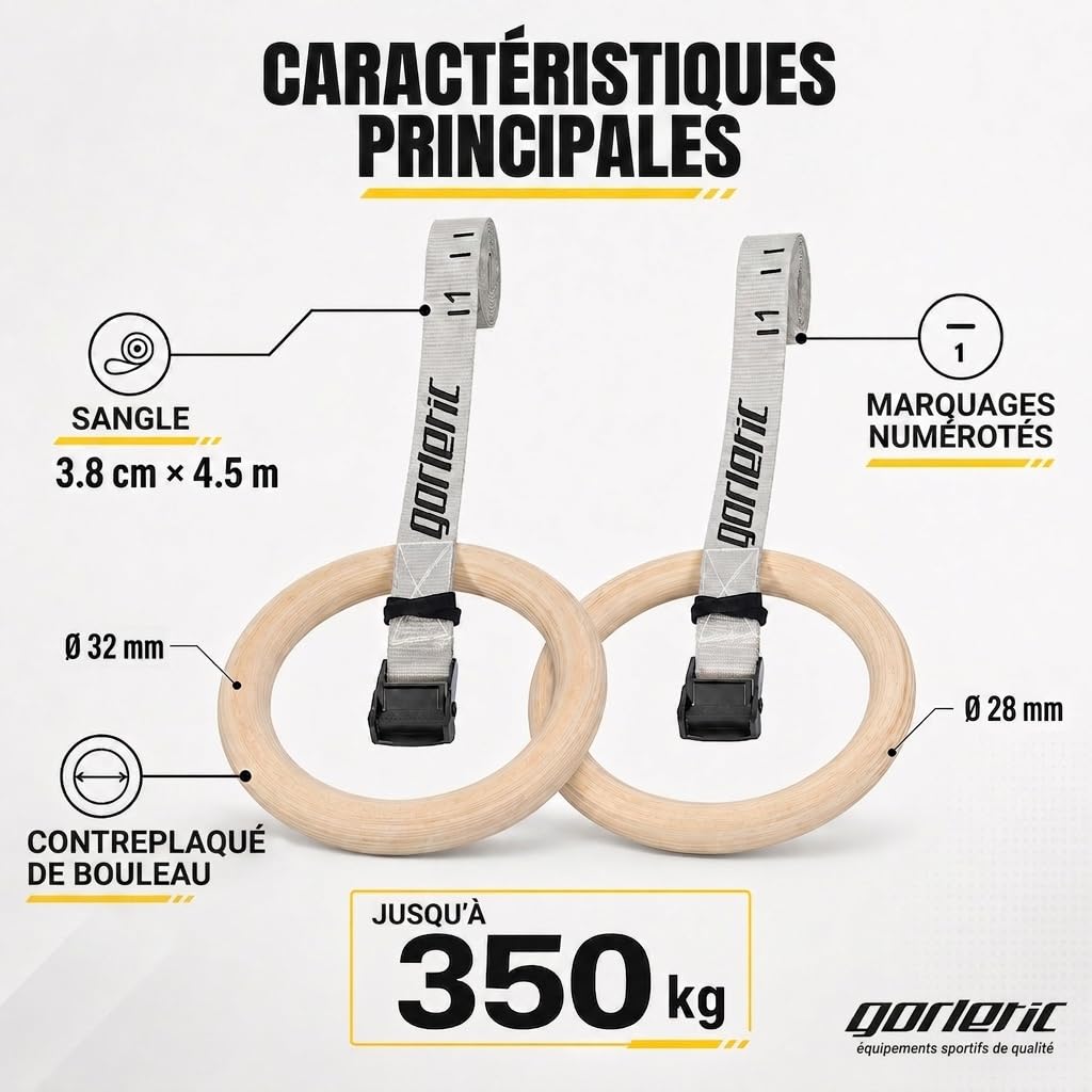 Anneaux de gymnastique, épais en bois 28 mm et 32 mm Sangle renforcée et marquée de 4,5 m