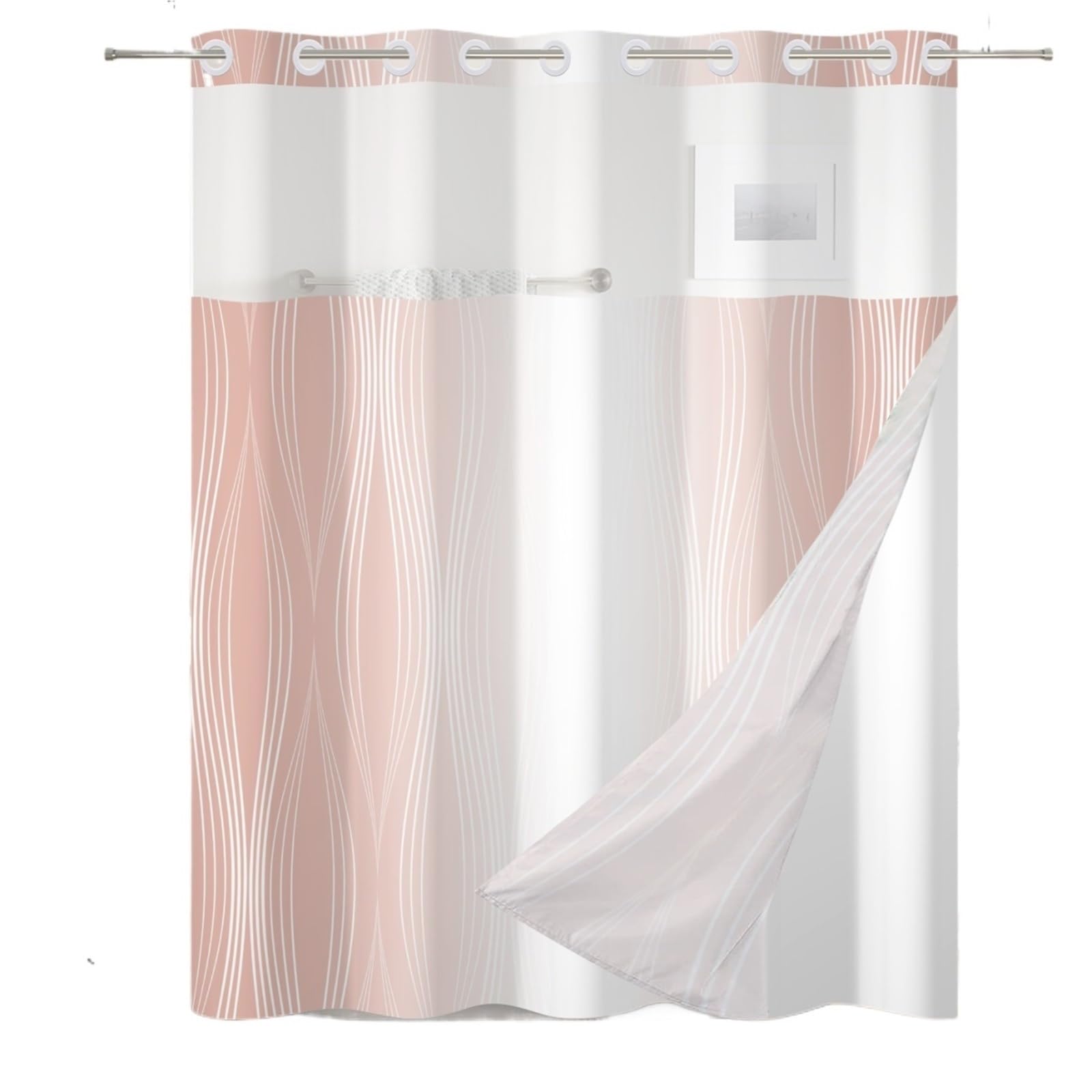 Irgvjifr Fyfx00796 Shower Curtain Solid Color Gradient Shower Curtain Striped Hookless Double Layer With Snap In Removable Liner For Bathroom Bathtubs For Bathroom