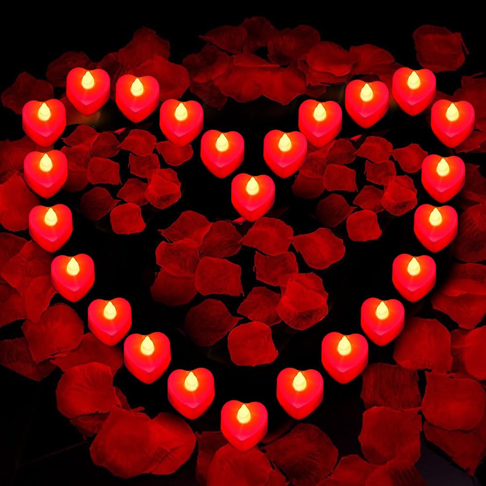 Bougie Cœur LED 24 Pièces, Bougies Romantiques LED avec 2000 Pétales de Rose Artificiels, Bougie LED Chauffe Plat pour Mariage Saint-Valentin Fiançailles Table Deco, Lumière Jaune Chaude