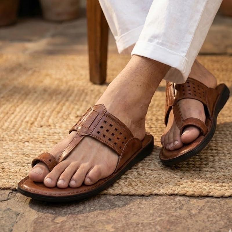 Image of FAUSTO Men Casual Outfit Kolhapuri Toe Ring Strap Ortho Slippers | Memory Cushioned Footbed | Ultra Lightweight and Comfort Slip On Slipper