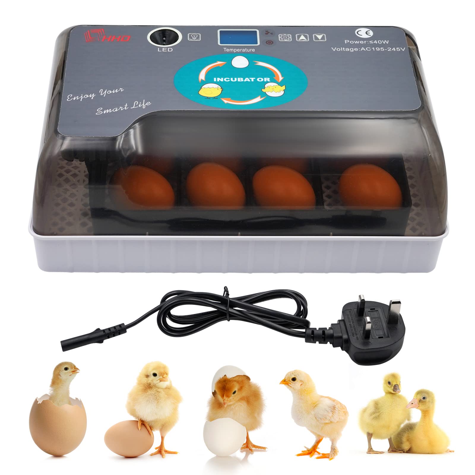 Chicken Egg Incubator 12 Eggs, Chick Brooder Heater, Automatic Turning, Temperature And Humidity Display, Egg Candler, Chicken Incubator For Hatching Duck, Quail, Dove, Visual, Uk Plug