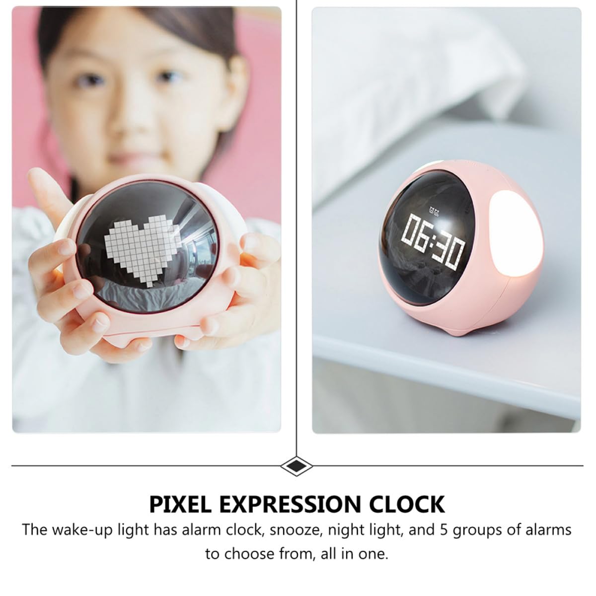Réveil LED Numérique à Expressions, Lampe de Chevet Lumineuse Rose, Réveil Garçon et Filles 5 Alarmes, Fonction Snooze et Veilleuse Tactile, Horloge Numérique Rechargeable Chambre