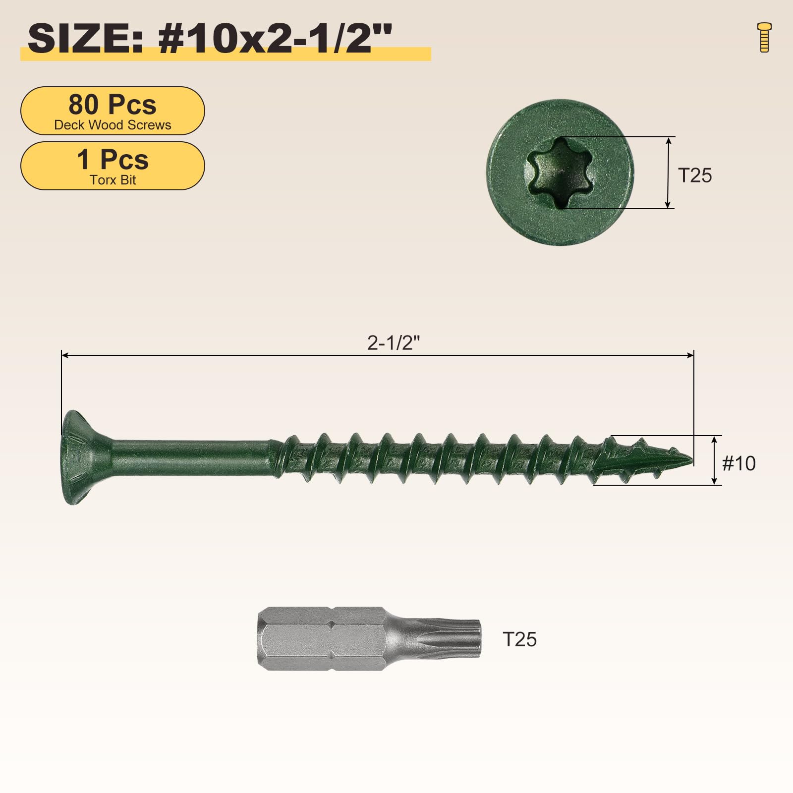 METALLIXITY Deck Screws (#10x2-1/2") 80Pcs, Carbon Steel Wood Screw Decking Screws Epoxy Coated with T25 Torx Drive Head - Image 2