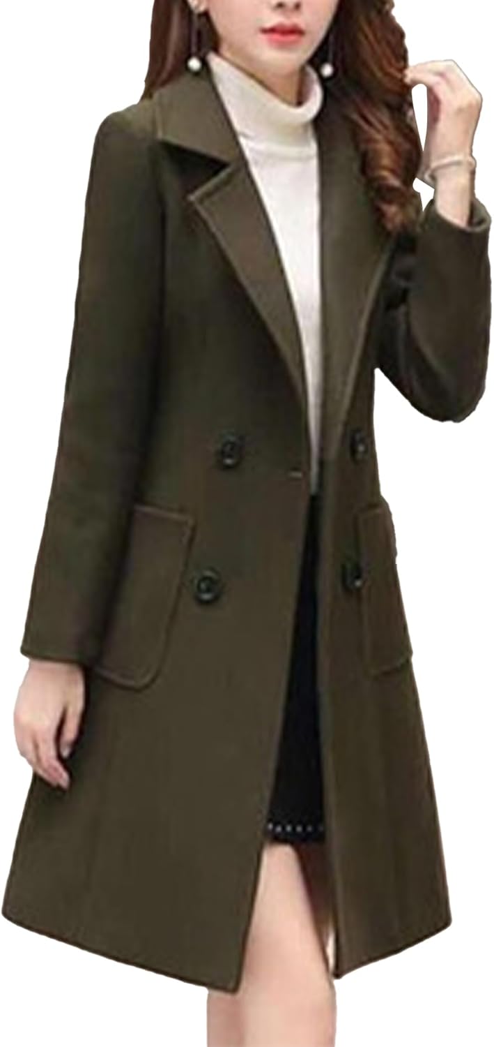 SEMATOMALA Women's Notch Lapel Collar Slim Fit A Line Wool Blend Long Coat Double Breasted Mid Long Pea Coat
