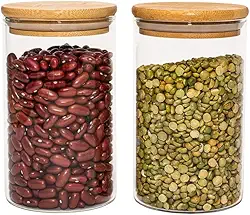 KIT 2 POTES DE VIDRO HERMÉTICO C/TAMPA DE BAMBU 600ML