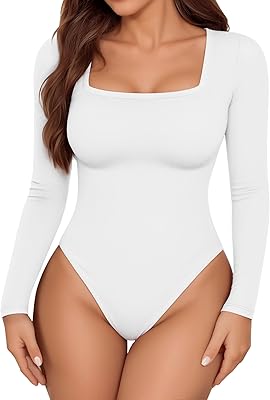 Womens Long Sleeve Body Suits Square Neck Thong Bodysuit Slim Shirts Sexy Fall Going Out Tops Y2K 2025