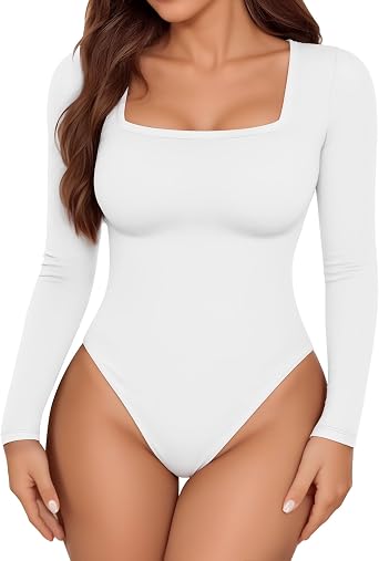 Womens Long Sleeve Body Suits Square Neck Thong Bodysuit Slim Shirts Sexy Fall Going Out Tops Y2K 2025