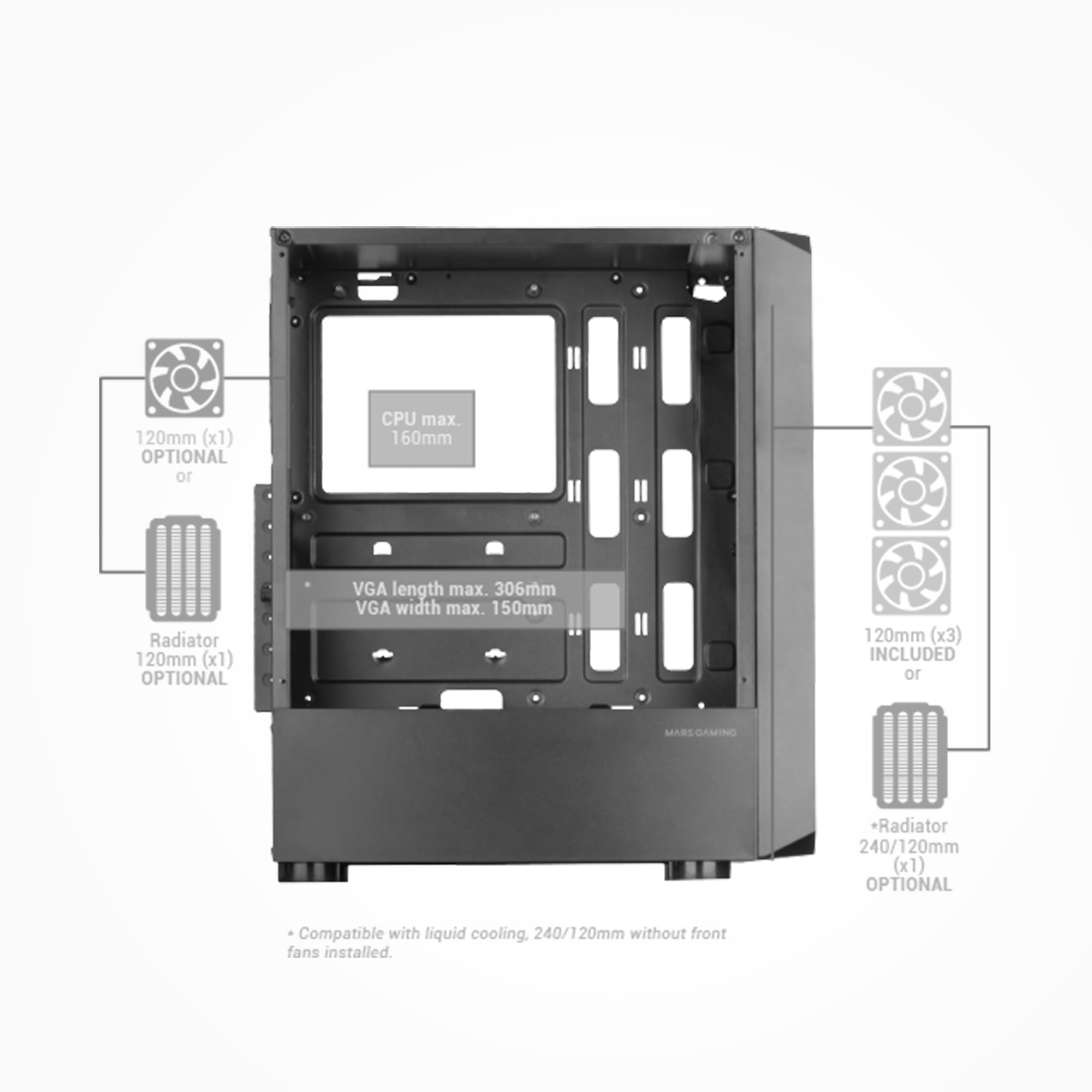 Mars Gaming MC-3TCORELCD Caja Gaming ATX, Pantalla IPS 7,2” Personalizable, Triple Cristal Templado Extraíble, Estructura Doble Cámara Lateral, Soporte de Refrigeración Líquida hasta 360mm, Blanco — view 149
