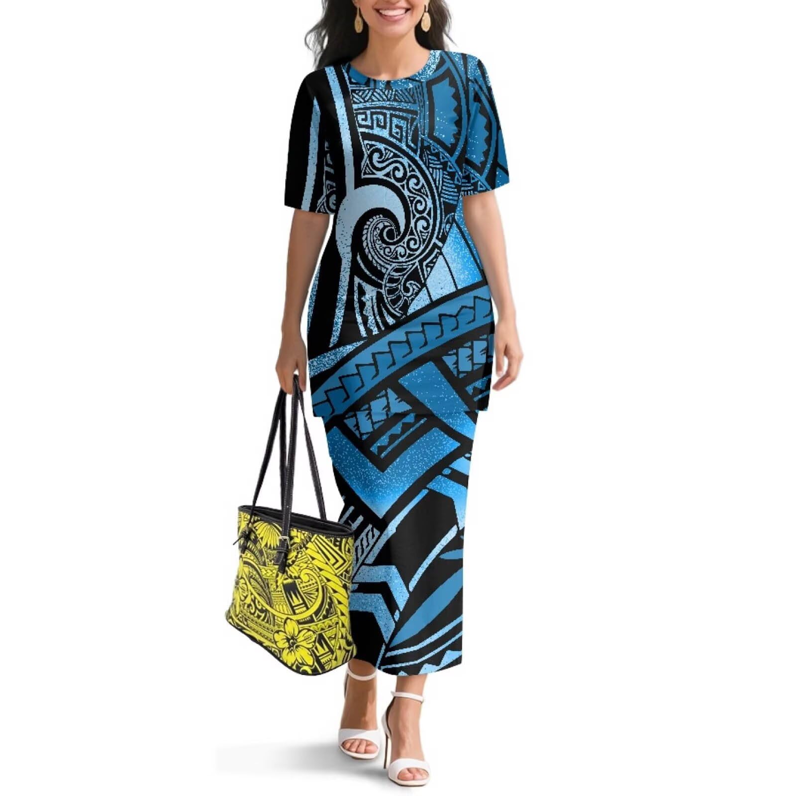 Polynesian Dress for Women Short Sleeve High Waist Maxi Skirt