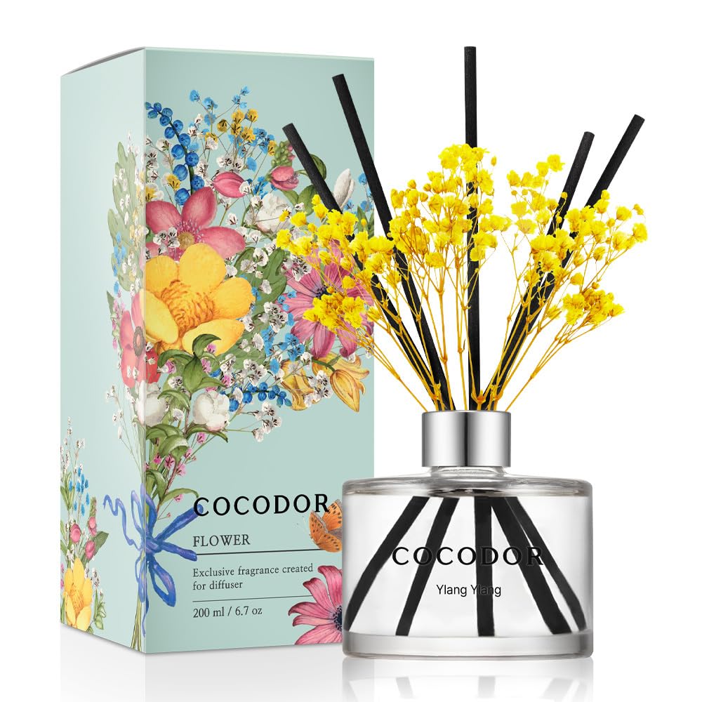 Cocodor Blumen-Schilfrohr-Diffusor-Set, 190 ml, Ylang Ylang/Duftdiffusor mit Stäbchen, Raumduft, Schilfrohr-Diffusor für Badezimmer, Regal-Dekor