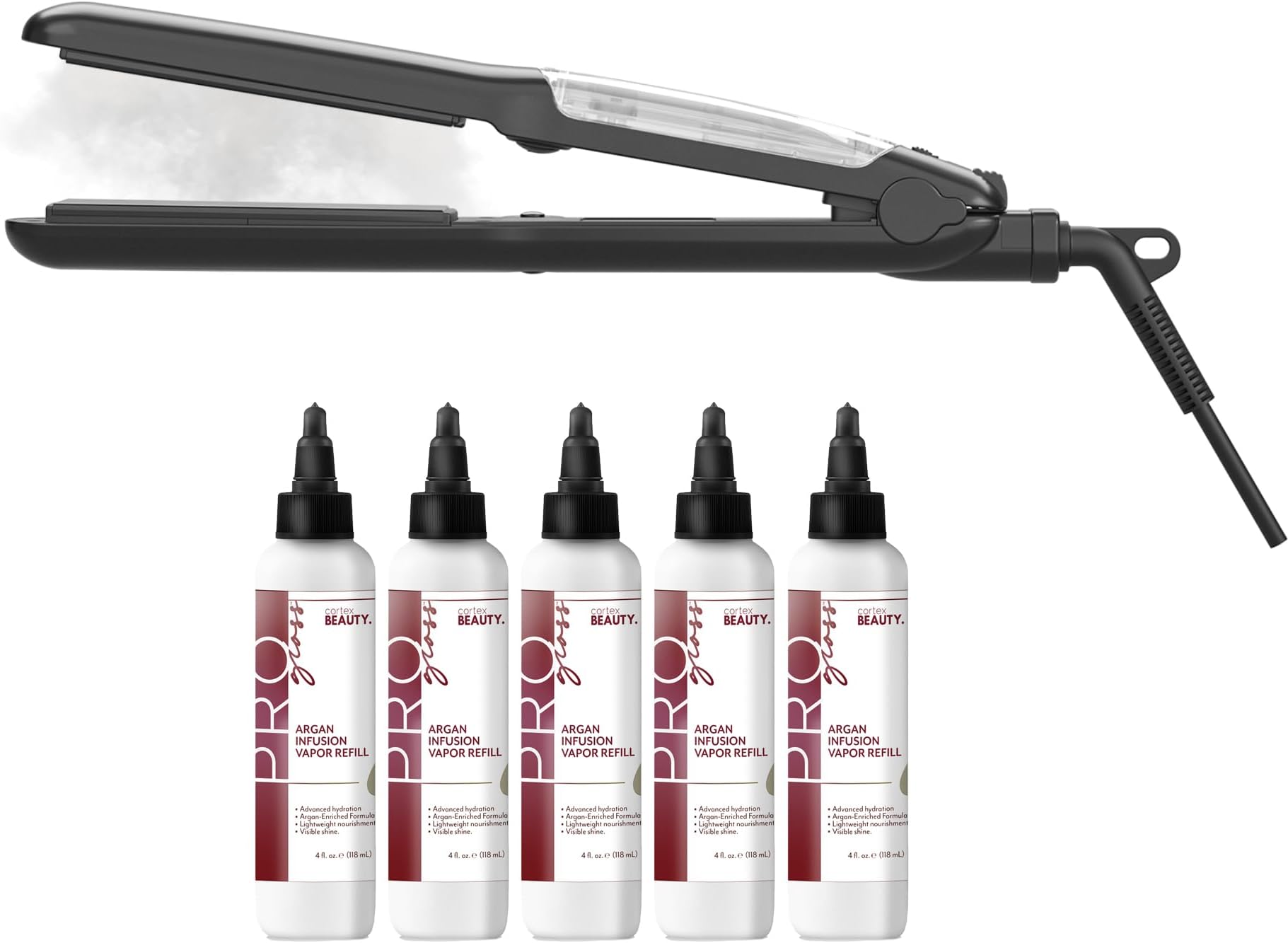Vapor Hair Straightener Flat Iron for Hair 1.25" Ceramic Premium Argan Infusion Steamliner - Dual Voltage Straightening Irons with Argan Refill Bundle - Planchas De Cabello (5X)
