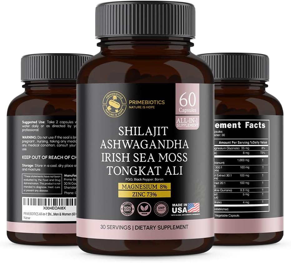 All-in-1 Shilajit Supplement with Ashwagandha, Irish Sea Moss, Tongkat Ali, Black Pepper Extract, Boron, Magnesium and Zinc for Men & Women (60 Capsules) - Image 6