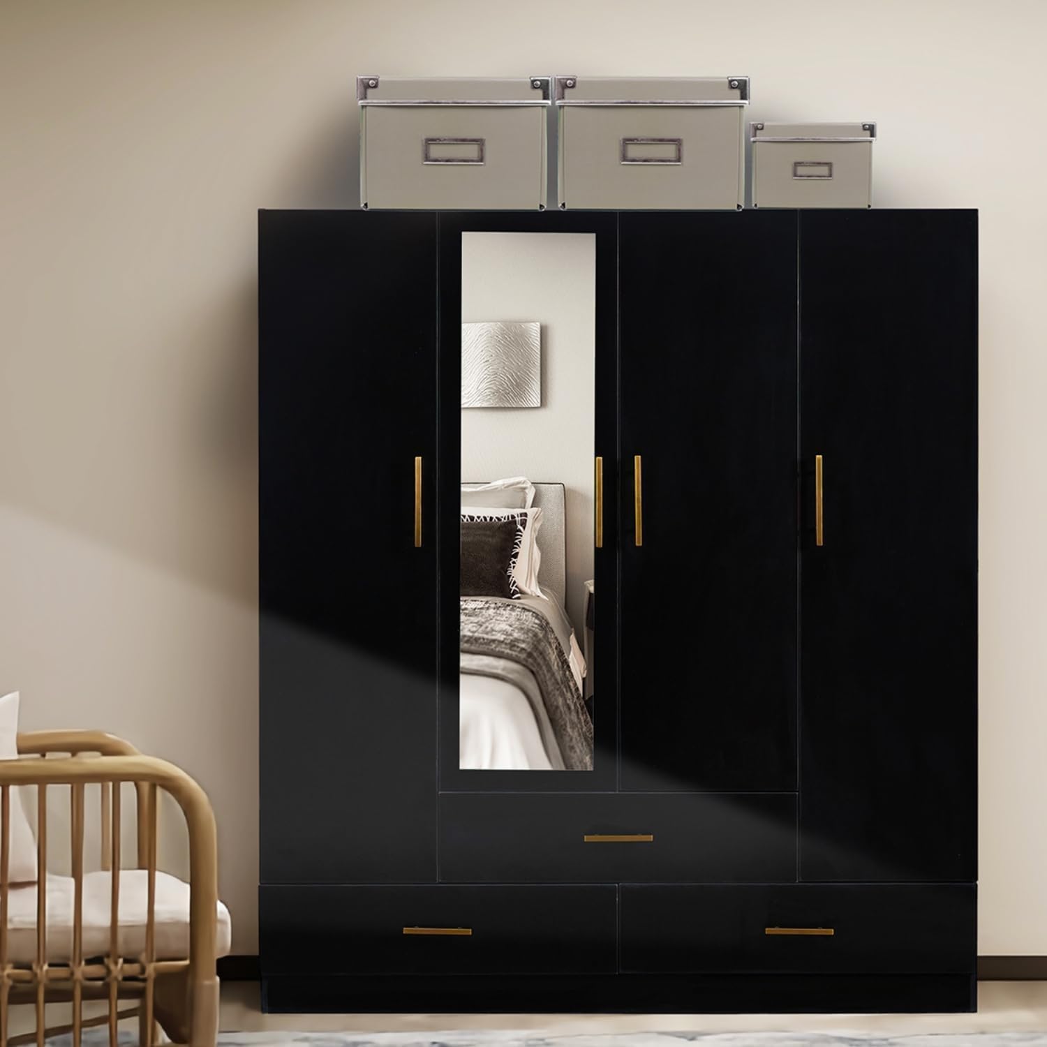 Wooden Armoire Wardrobe Closet Black with Mirror Wardrobe Cabinet 4 Doors 2 Hanging Rods 3 Drawers Shelves Large Wardrobe Closet Storage for Bedroom