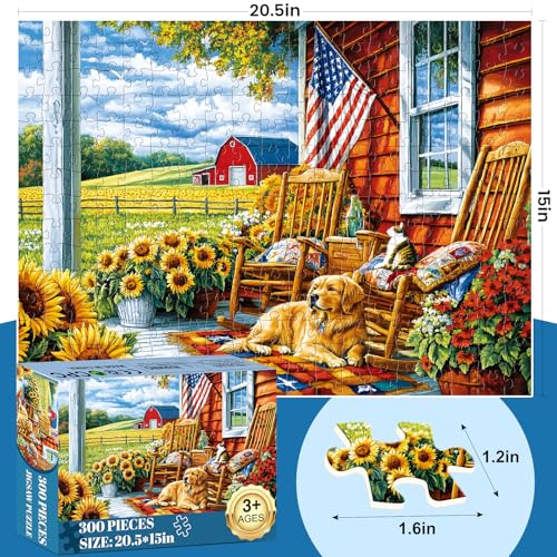 Rompecabezas jigsaw de 300 piezas para adultos y niños, tema vida rural con perro, gato y girasoles, tamaño 20,5 x 15 pulgadas, caja de regalo exquisita miniatura 2