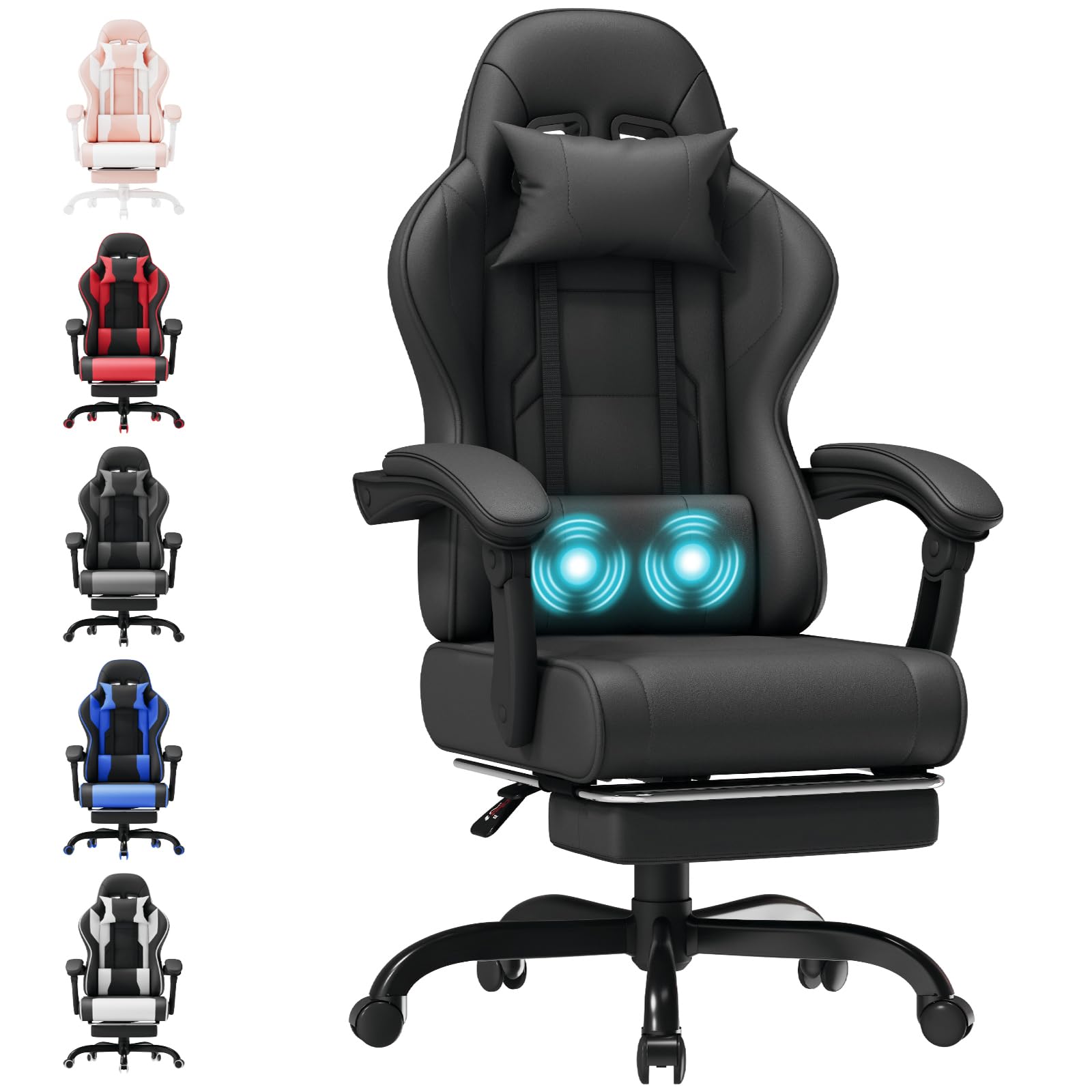 TRIUMPHKEY Silla Gaming Profesional con Masajeador, PU Silla de Juegos con Reposacabezas y Reposapiés, Silla de Oficina Ergonómica con Lumbar de Masaje, Reclinable 90-150°y Capacidad para 150KG Negro