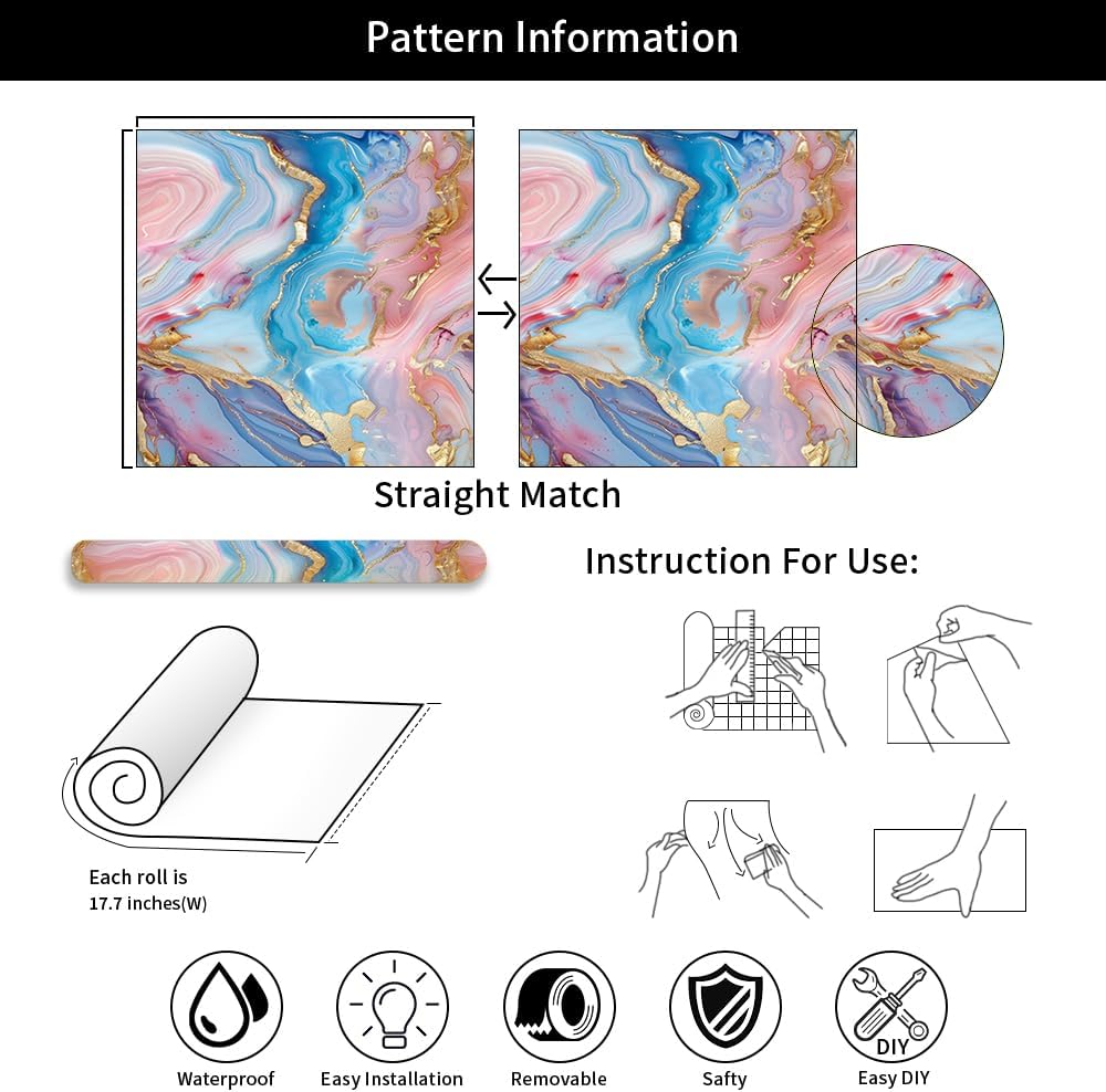 Modern Pink Blue Yellow Marble Abstract Colorful Peel and Stick Wallpaper Contact Paper Vintage Vinyl Stick on Wall Paper for Bedroom Bathroom Kitchen Cabinet Renter Friendly