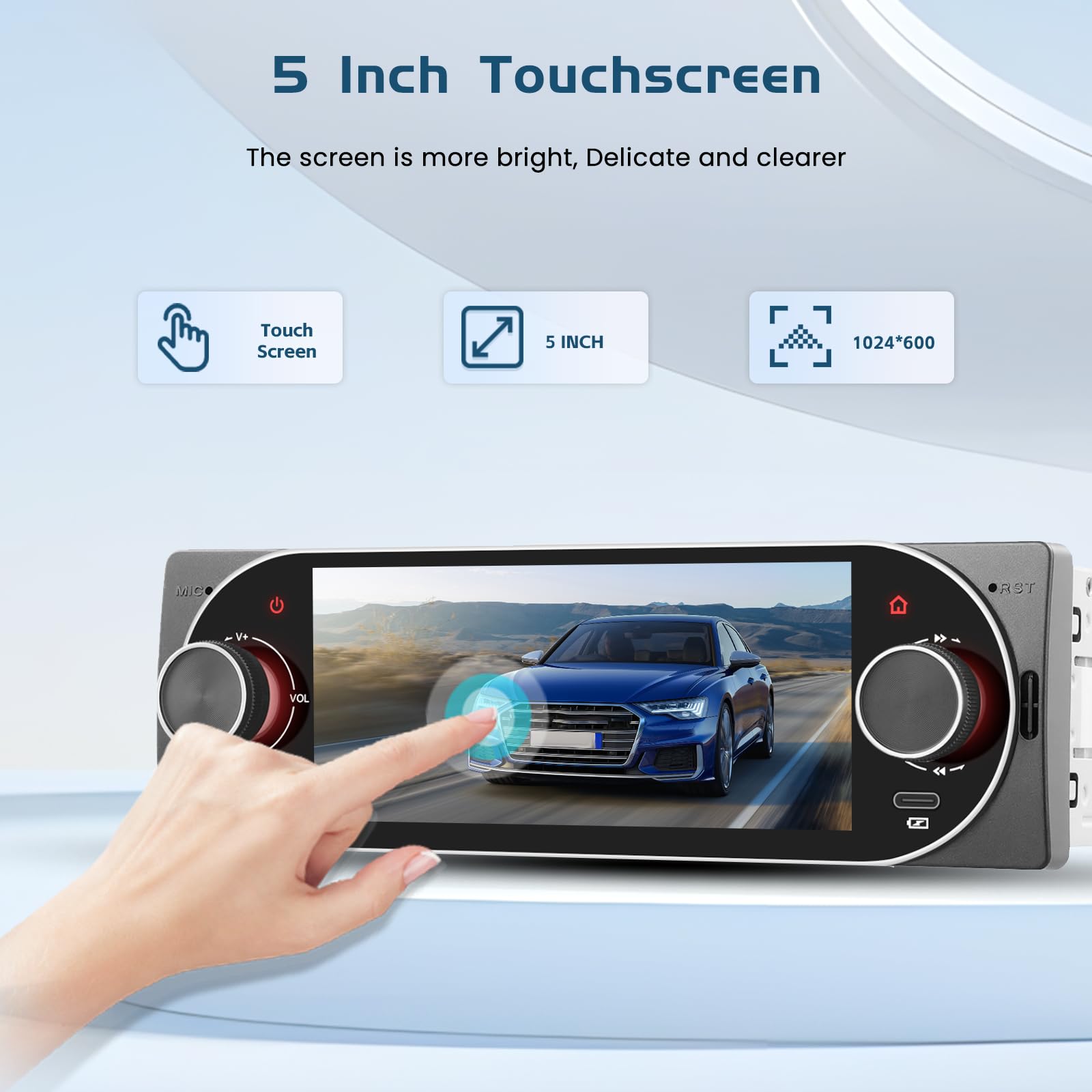 Radio samochodowe Bluetooth 1 DIN kompatybilne z Carplay i Android Auto, radio samochodowe z ekranem dotykowym 5,1", zestaw głośnomówiący Bluetooth, Mirror Link, radio FM, USB/Type-C, EQ i kamera