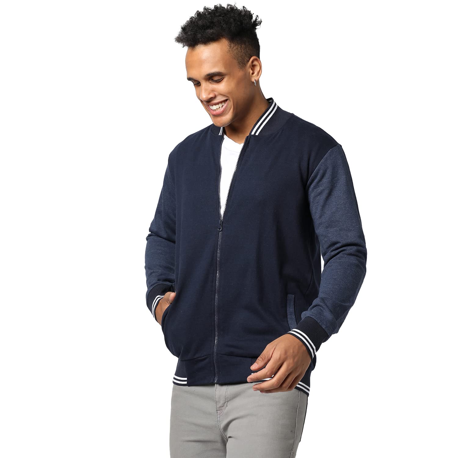 Campus SutraMen's Black & Grey Zip-Front Jacket with Open-Angled Pocket for Casual Wear | Low-High Neck | Long Sleeve | Zipper Closure | Cotton Jacket Crafted with Comfort Fit for Everyday Wear