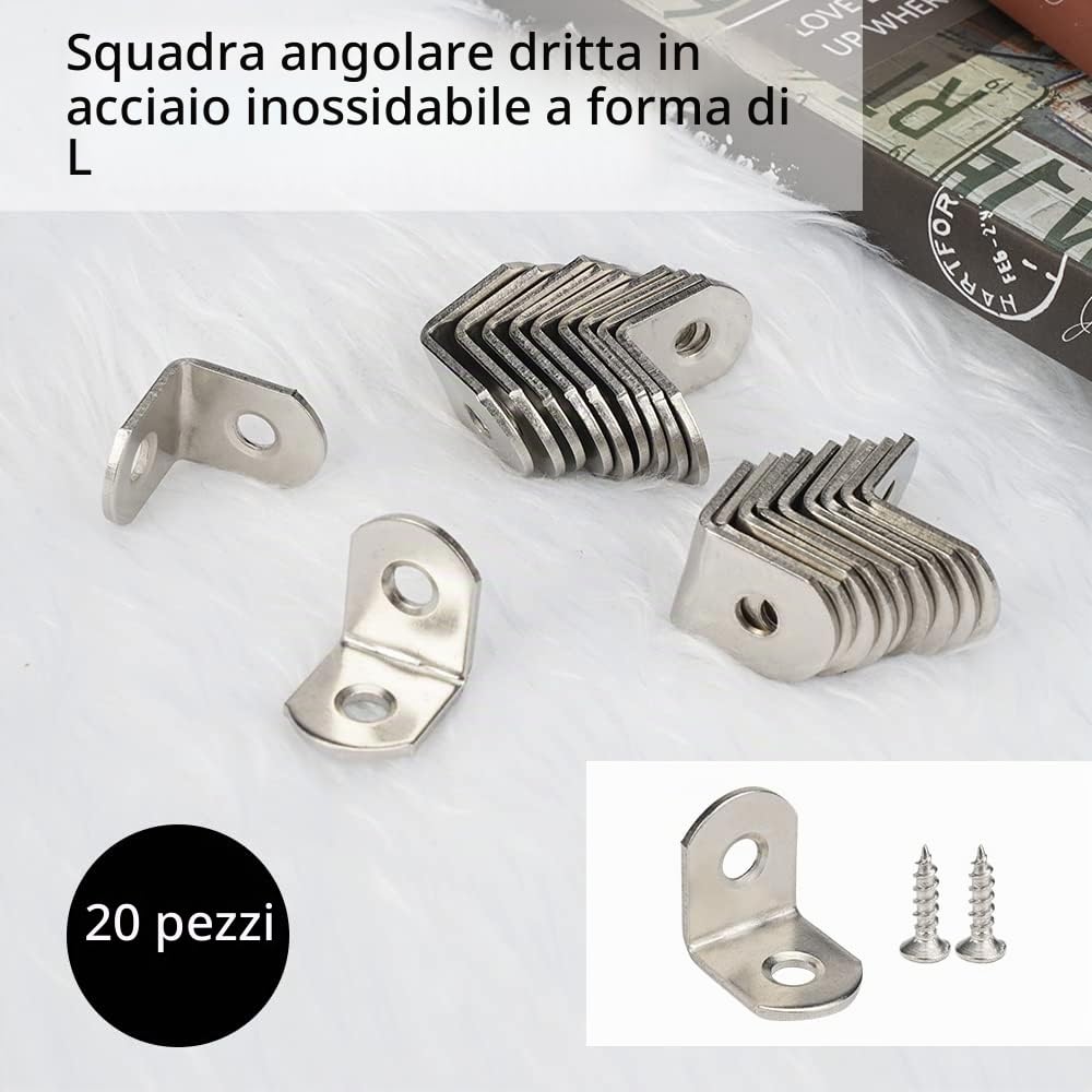 20 pezzi Staffe Angolari Inox, 90 Gradi Squadrette Angolari,Supporti Angolo | Staffe a l per Legno, 20x20 mm, con 40 pezzi Viti, Squadretta a L, per Tavoli, Sedie, Mobili in Legno, Argento