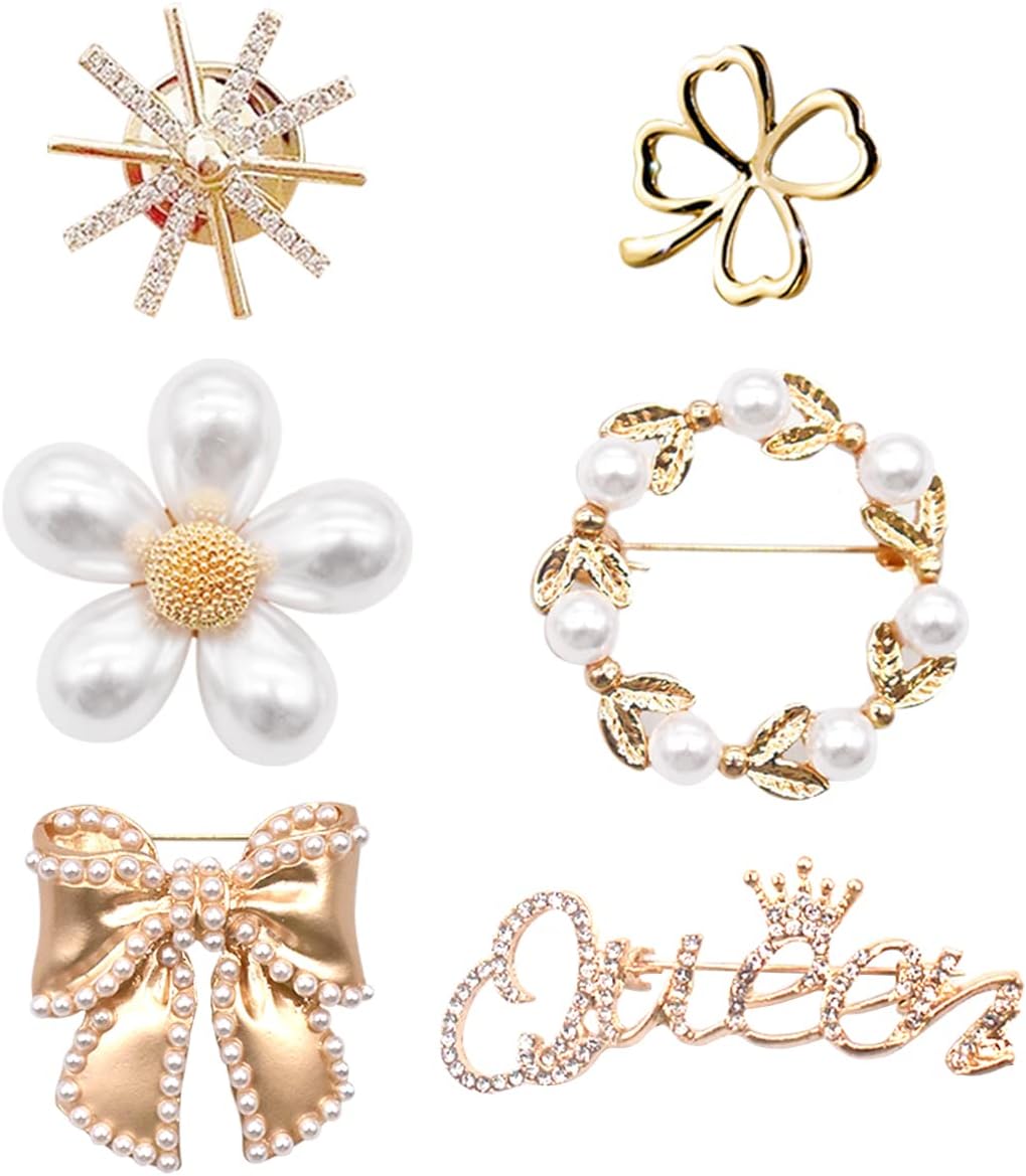 6Pcs Faux Crystal Pearl Brooch,Jicyor Clothes All-Match Brooch Pins Sweater Shawl Clips Inlaid Rhinestone Buckle Scarf Decoration Clasp Costume Accessory Family Friend Birthday Wedding Prom Gift
