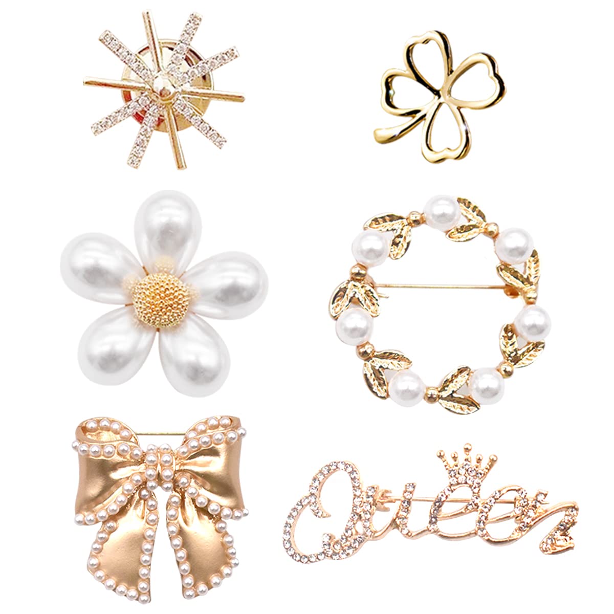 6Pcs Faux Crystal Pearl Brooch,Jicyor Clothes All-Match Brooch Pins Sweater Shawl Clips Inlaid Rhinestone Buckle Scarf Decoration Clasp Costume Accessory Family Friend Birthday Wedding Prom Gift