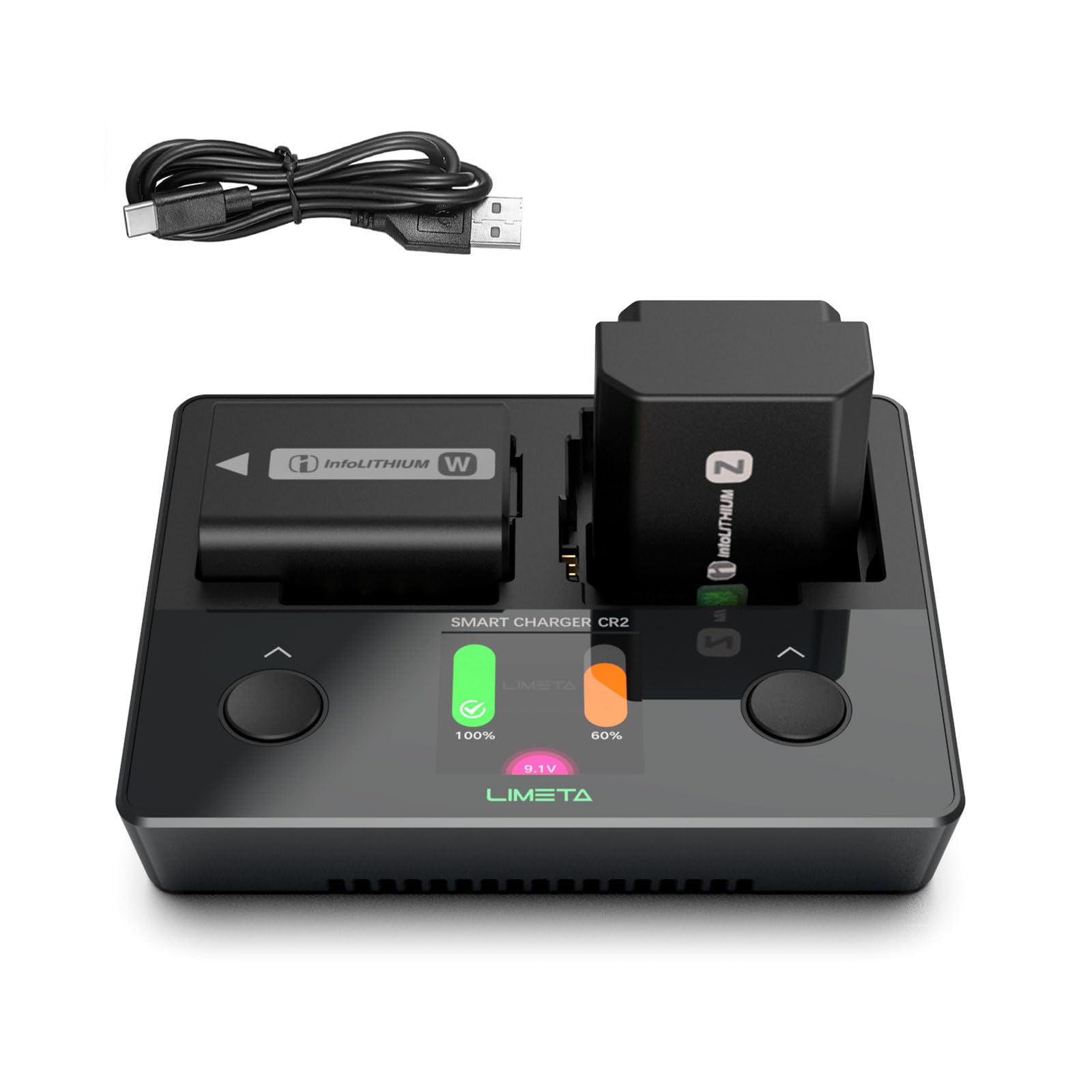LIMETA CR2 NP FZ100/NP FW50/NP BX1 Ladegerät Dual Kanal für Sony Alpha 6700/ A7III/A7IV/FX30/ZV E1 Kamera Akkus LCD Anzeige Type C Eingang Mehrere Batterietypen Gleichzeitig Ladbar
