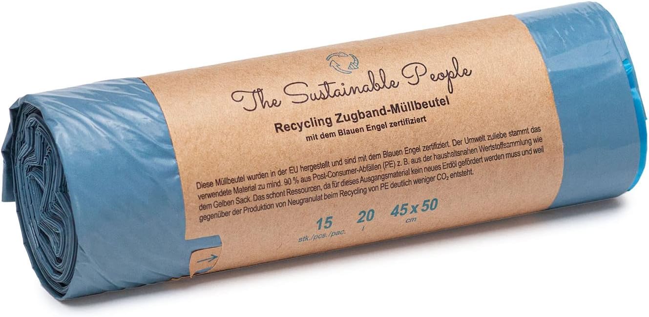 TSP Recycling Drawstring Bin Liners, 20 L, Made from at Least 90% Post-Consumer Waste (PE), Blue Angel Certified, Safe and Tear-Resistant, for Residual Waste and Recycling (20 Litres (Pack of 15)