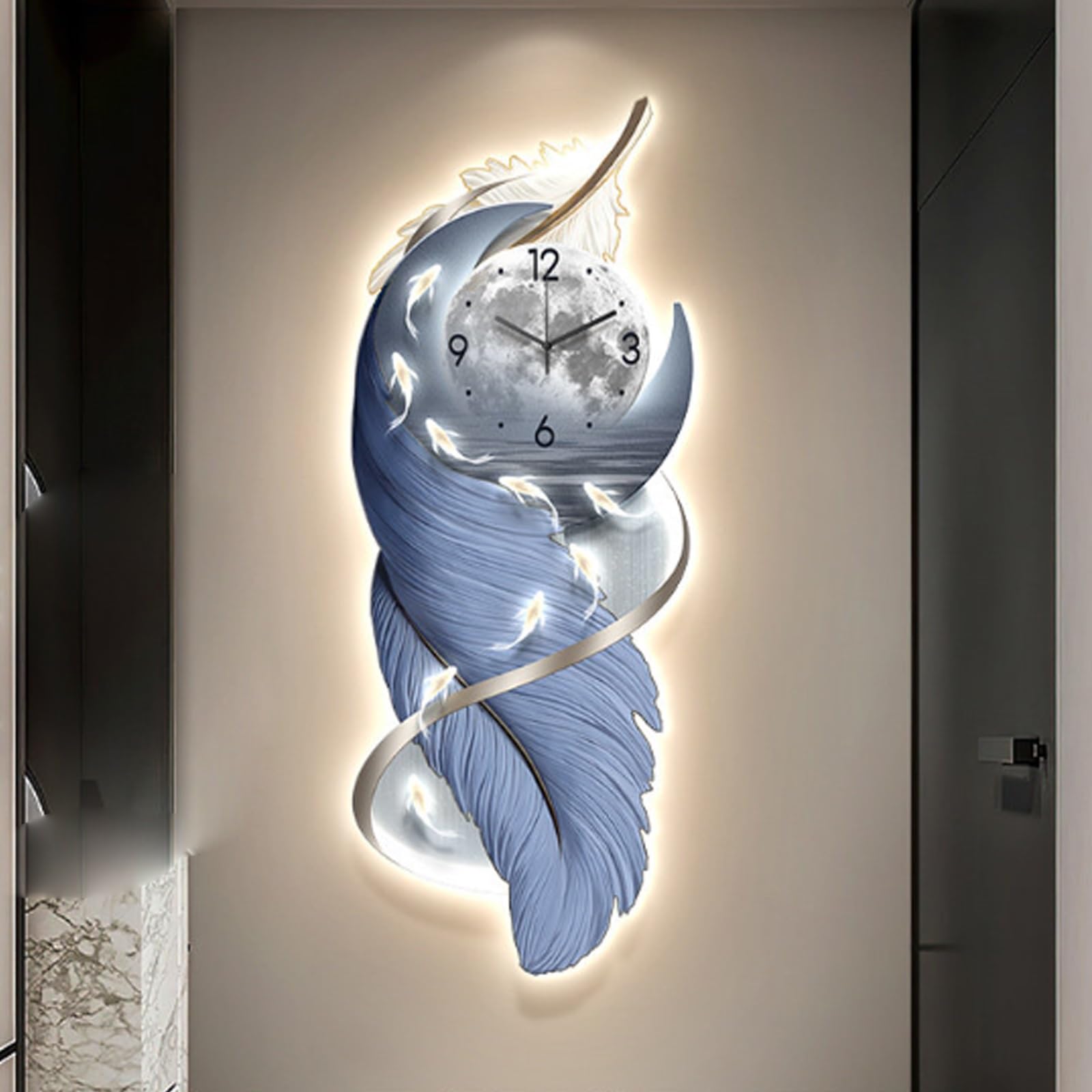Decorazione da parete con orologio e piume, decorazione da appendere per corridoio, soggiorno, camera da letto, bagno, aula, palestra, dipinto a lampada, 150 x 58 cm
