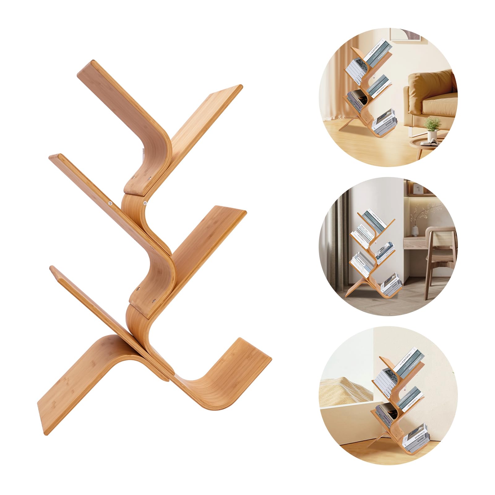 Librería de bambú de 5 niveles para el suelo, estantería moderna de pie, estantería curvada creativa, estantería de árbol curvada de bambú curvado para el hogar, salón, esquina, dormitorio
