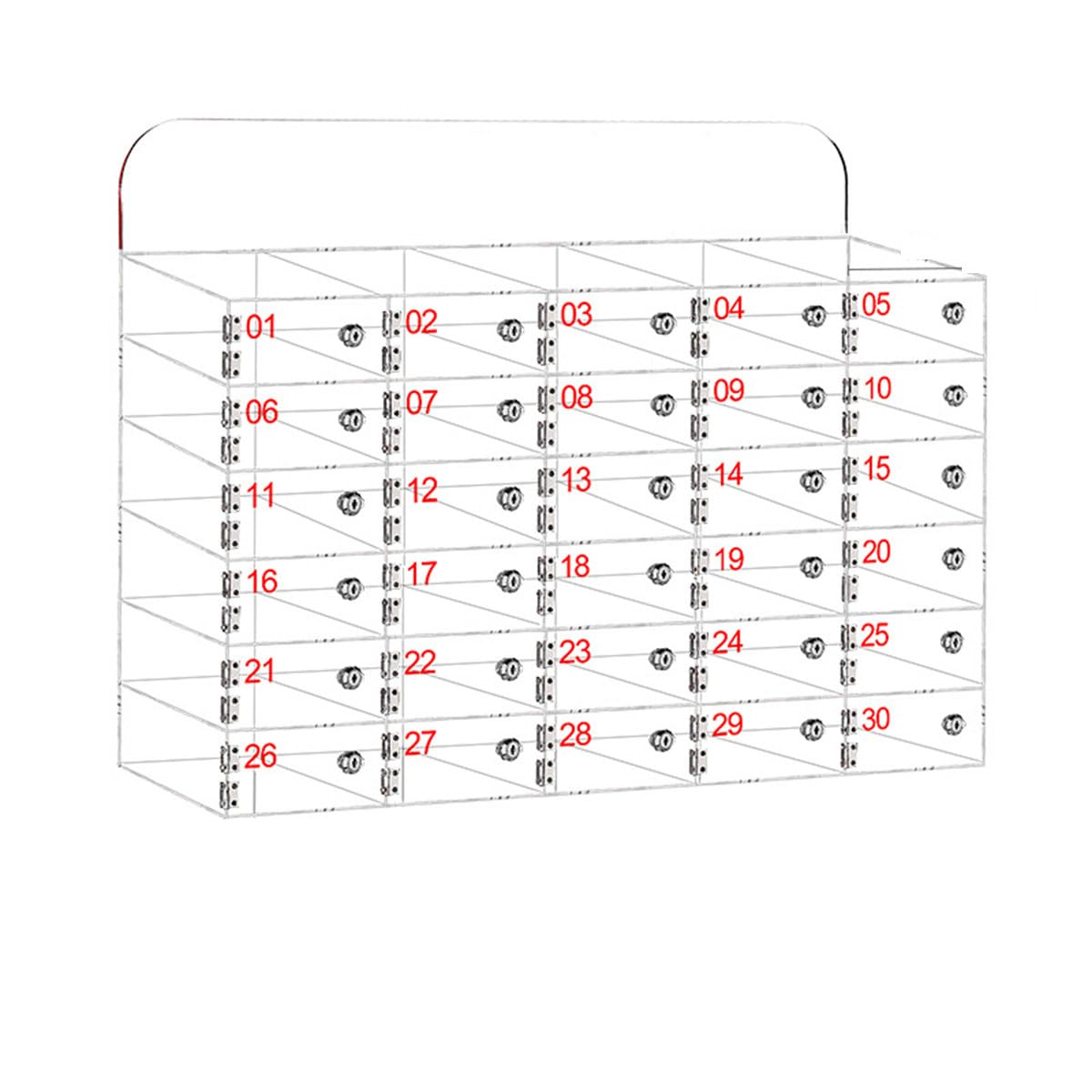Armadietto da parete in acrilico con porta di chiusura e chiavi, soluzione di archiviazione sicura per uffici, scuole, aule, fabbriche e aziende, design trasparente, 30 scomparti